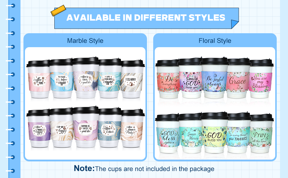 Sleeves de papel desechables para tazas de café de 12 y 16 oz, con diseño de mármol, ideal para chocolate caliente, té o bebidas frías, con opción de Logo Personalizado, Marca Blanca disponible, Fábrica de calidad.