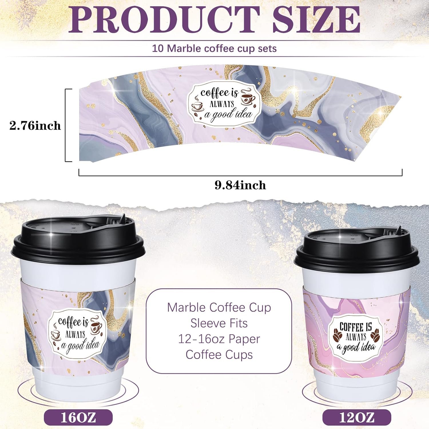 Sleeves de papel desechables para tazas de café de 12 y 16 oz, con diseño de mármol, ideal para chocolate caliente, té o bebidas frías, con opción de Logo Personalizado, Marca Blanca disponible, Fábrica de calidad.
