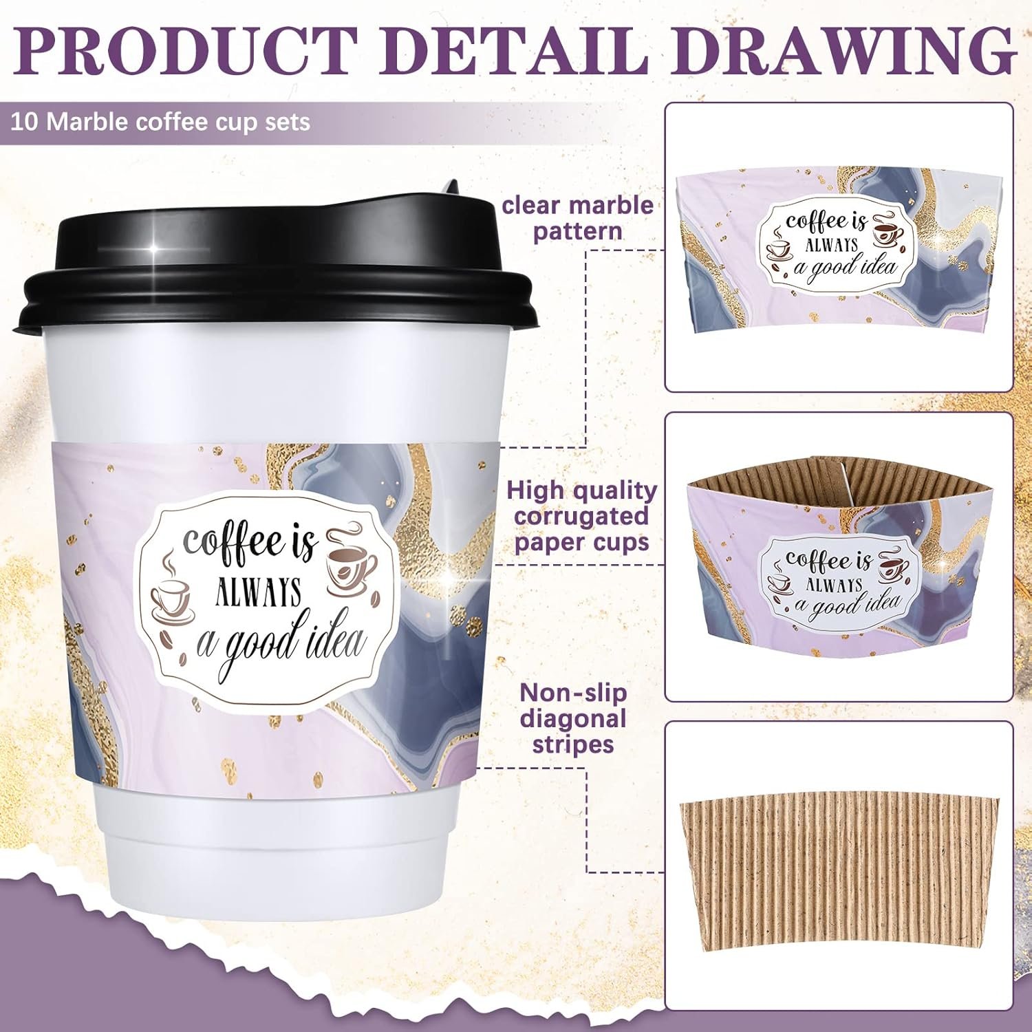 Sleeves de papel desechables para tazas de café de 12 y 16 oz, con diseño de mármol, ideal para chocolate caliente, té o bebidas frías, con opción de Logo Personalizado, Marca Blanca disponible, Fábrica de calidad.