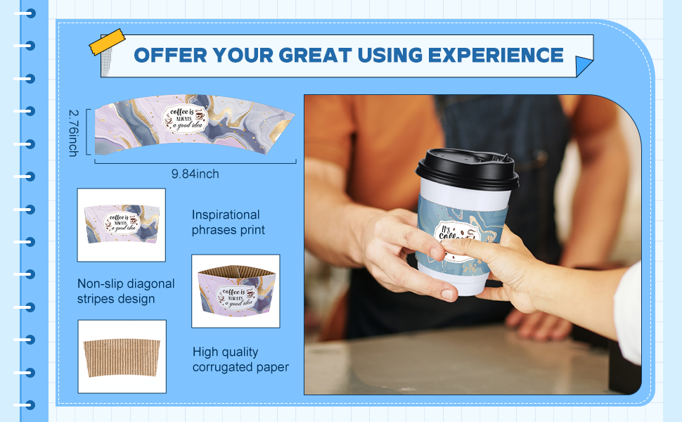 Sleeves de papel desechables para tazas de café de 12 y 16 oz, con diseño de mármol, ideal para chocolate caliente, té o bebidas frías, con opción de Logo Personalizado, Marca Blanca disponible, Fábrica de calidad.