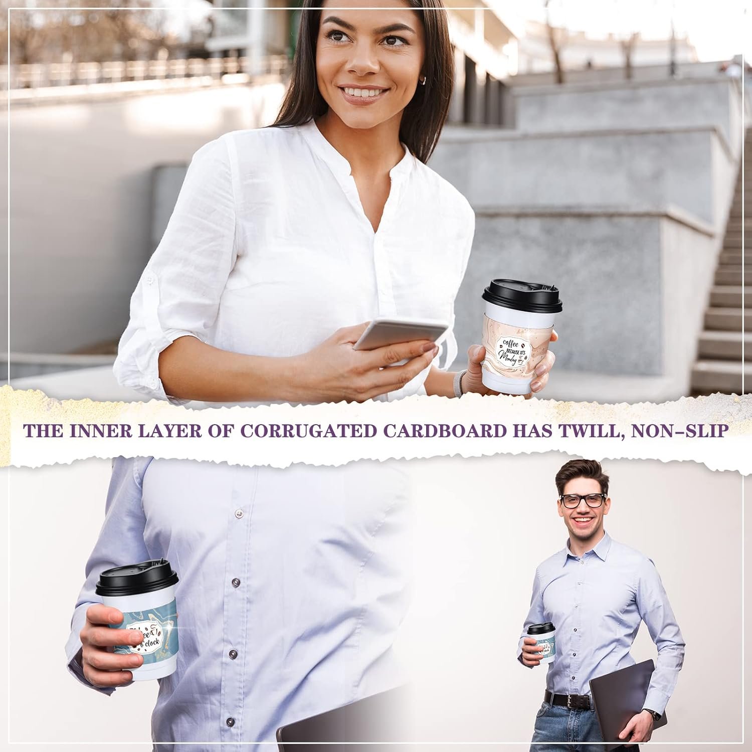 Sleeves de papel desechables para tazas de café de 12 y 16 oz, con diseño de mármol, ideal para chocolate caliente, té o bebidas frías, con opción de Logo Personalizado, Marca Blanca disponible, Fábrica de calidad.