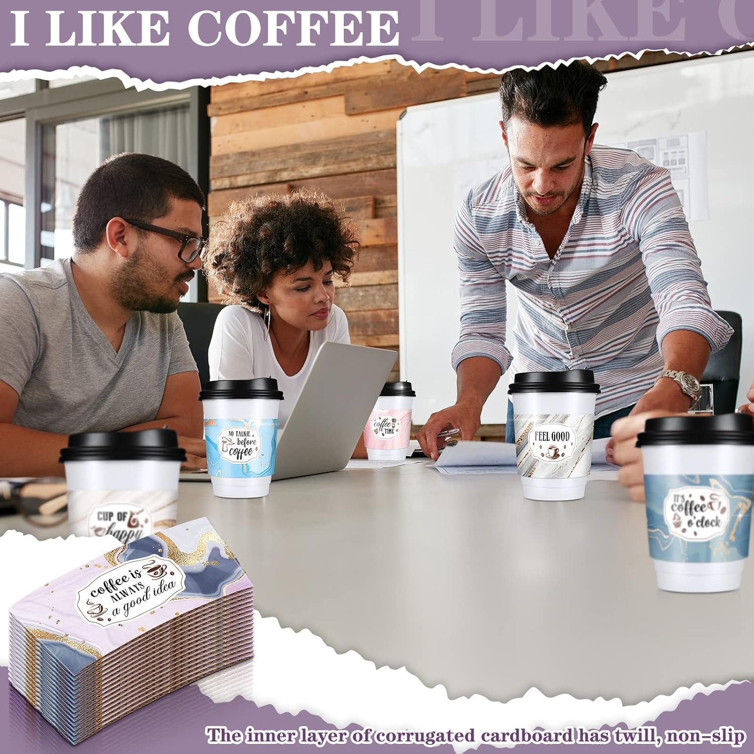 Sleeves de papel desechables para tazas de café de 12 y 16 oz, con diseño de mármol, ideal para chocolate caliente, té o bebidas frías, con opción de Logo Personalizado, Marca Blanca disponible, Fábrica de calidad.