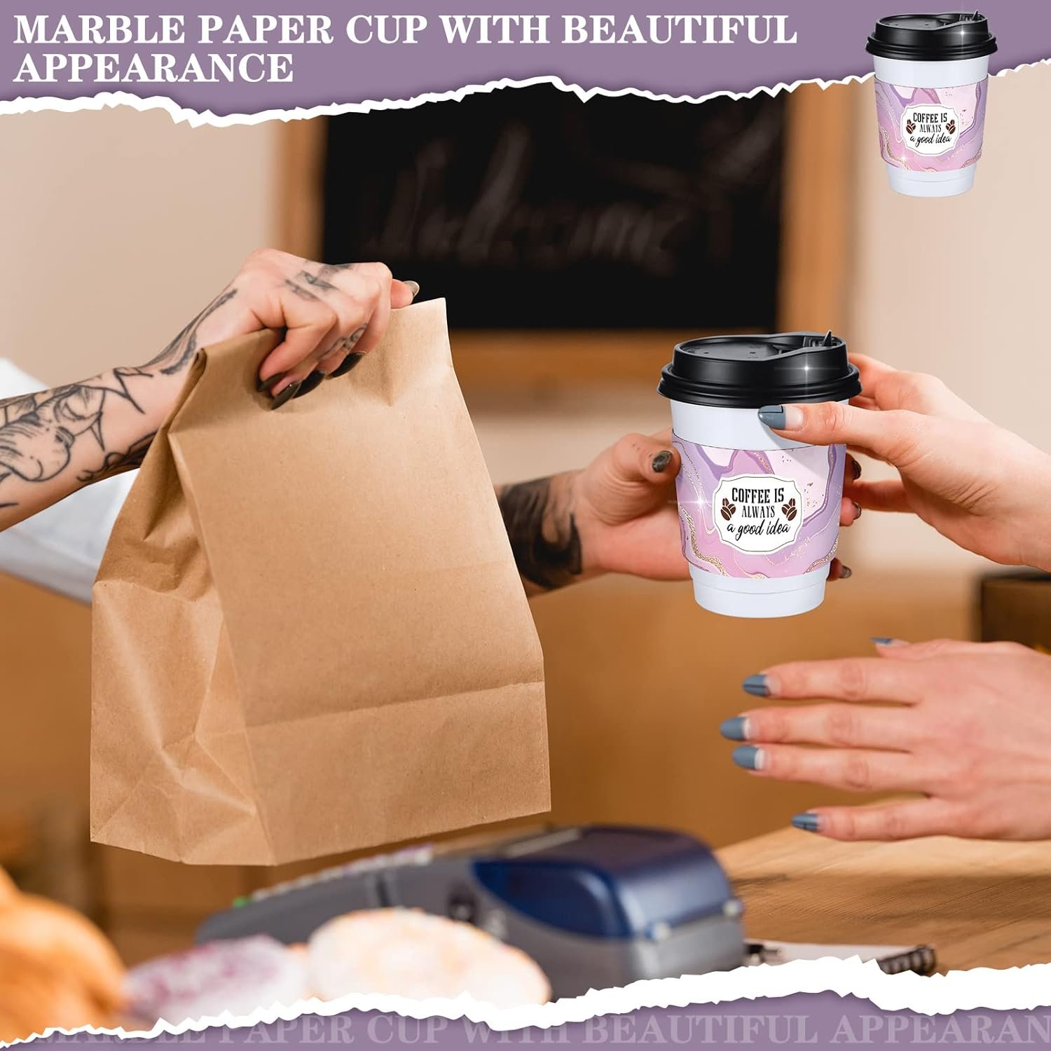 Sleeves de papel desechables para tazas de café de 12 y 16 oz, con diseño de mármol, ideal para chocolate caliente, té o bebidas frías, con opción de Logo Personalizado, Marca Blanca disponible, Fábrica de calidad.