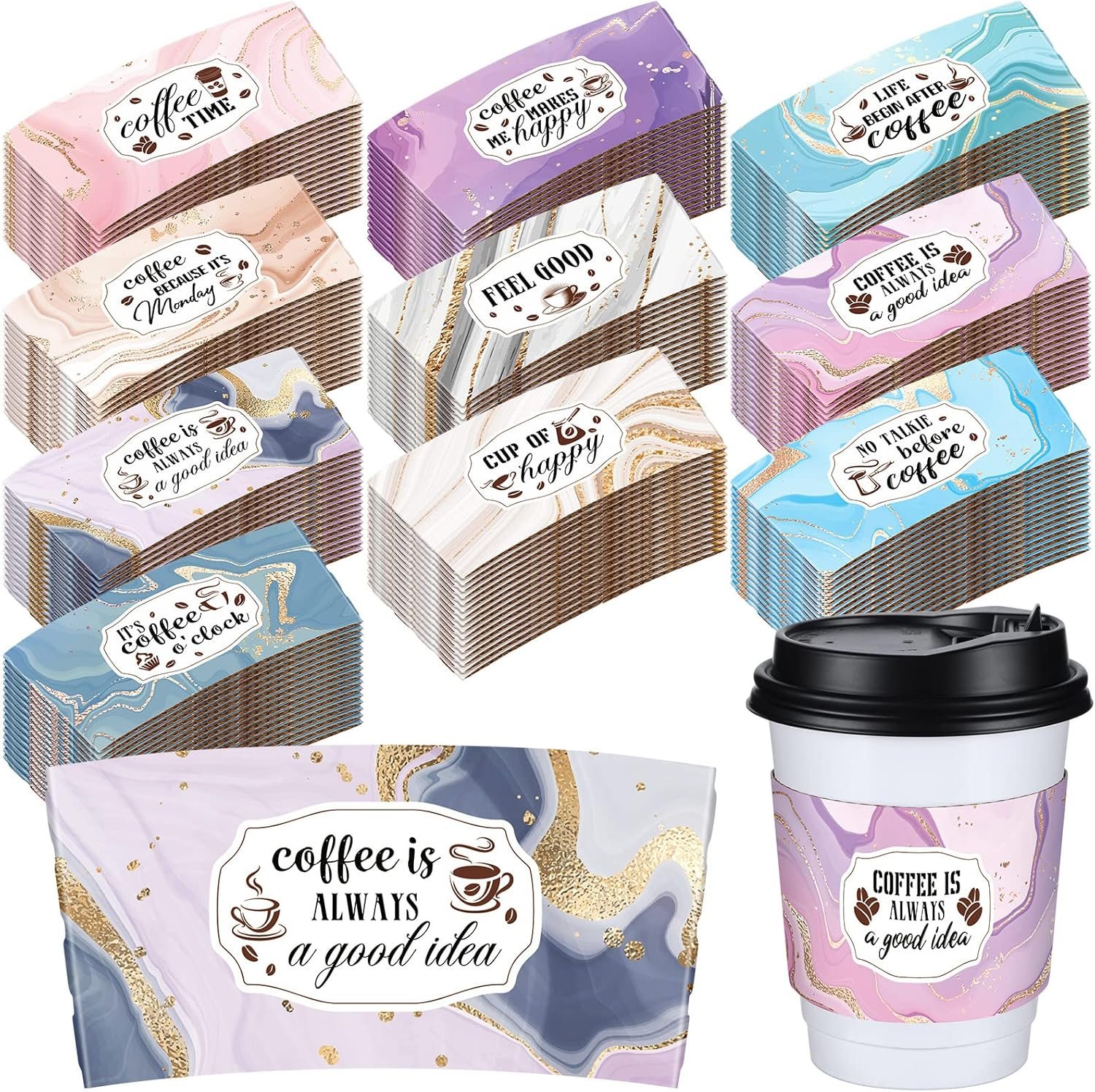 Sleeves de papel desechables para tazas de café de 12 y 16 oz, con diseño de mármol, ideal para chocolate caliente, té o bebidas frías, con opción de Logo Personalizado, Marca Blanca disponible, Fábrica de calidad.