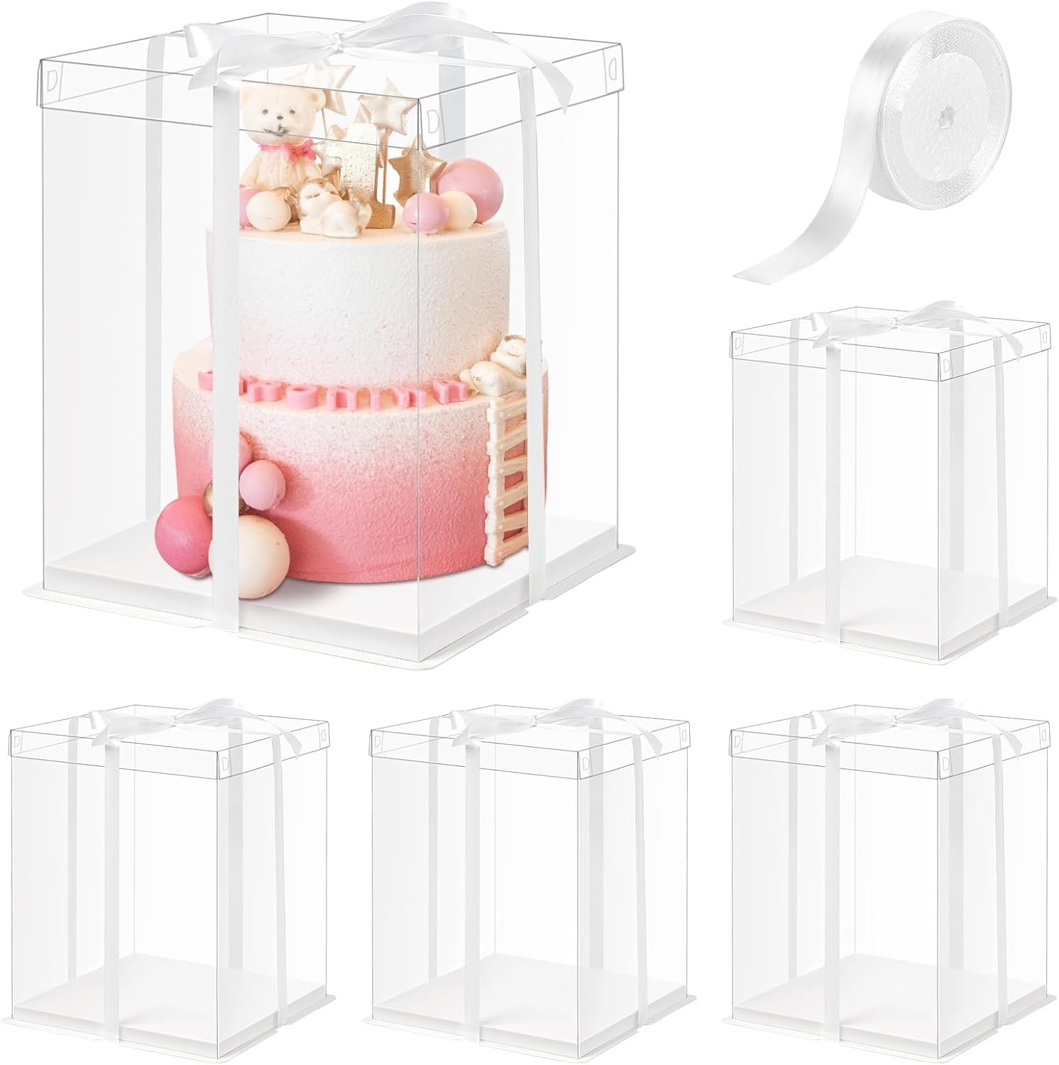 Caja de pastel transparente de 10x10x12 pulgadas con logo personalizado, 5 piezas de cajas altas para cake con cinta, ideal para bodas, cumpleaños y fiestas, proveedor de soluciones para transporte de golosinas.