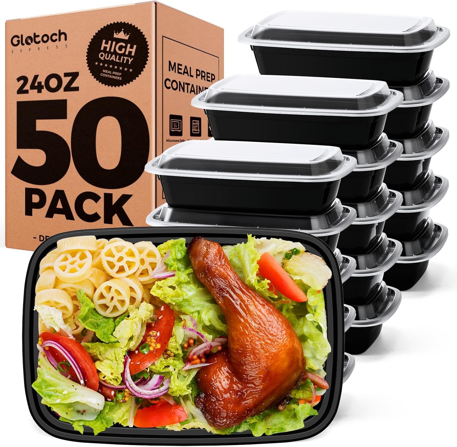 Logo Personalizado Contenedores de Comida para Preparación de Comidas de 24 OZ, 100 Piezas (50 Paquetes), Reutilizables con Tapa, Resistentes y a Prueba de Fugas, Aptos para Microondas, Congelador y Lavavajillas, Marca Blanca de Fábrica.