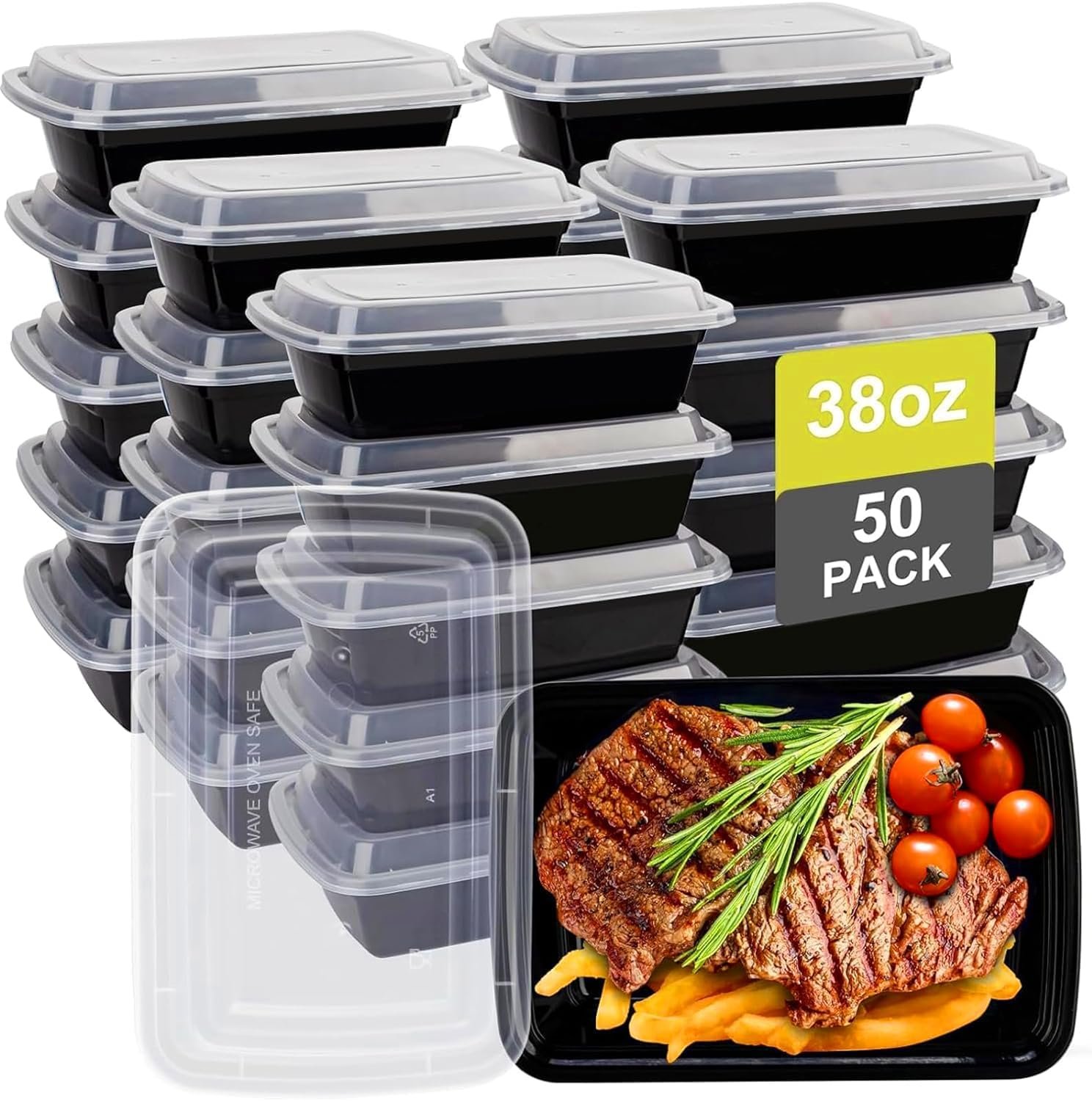 Contenedores de Comida Desechables 38oz 50 Pack con Tapa, Aptos para Microondas/Lavavajillas/Freezer, Marca Blanca con Logo Personalizado, Proveedor de Envases Plásticos.