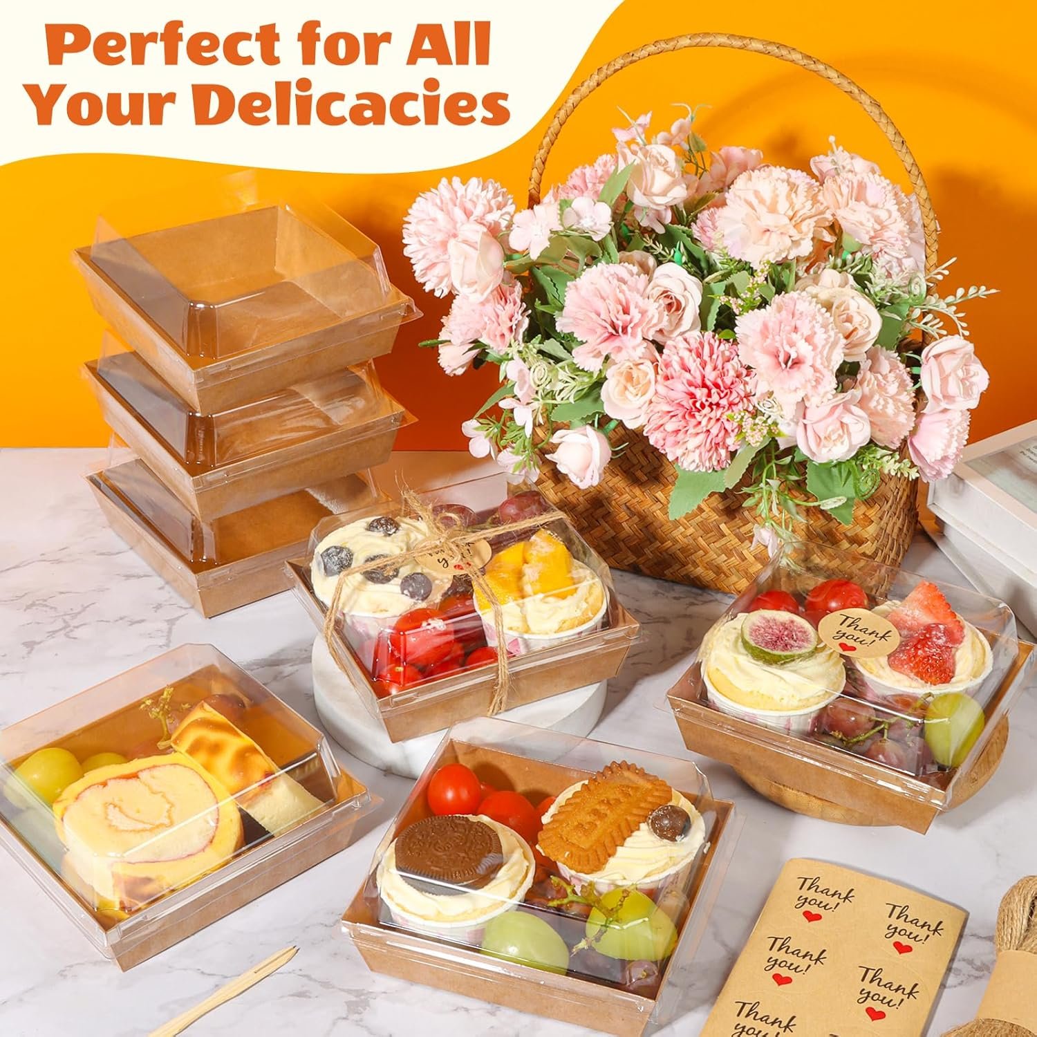 Cajas de Charcutería Mini de Papel 20 Pcs con Tapa Clara - Envases Desechables para Comida, Cajas para Postres de Sándwich, Galletas, Sushi, Porciones de Pastel y Fresas, Marca Blanca de Proveedor