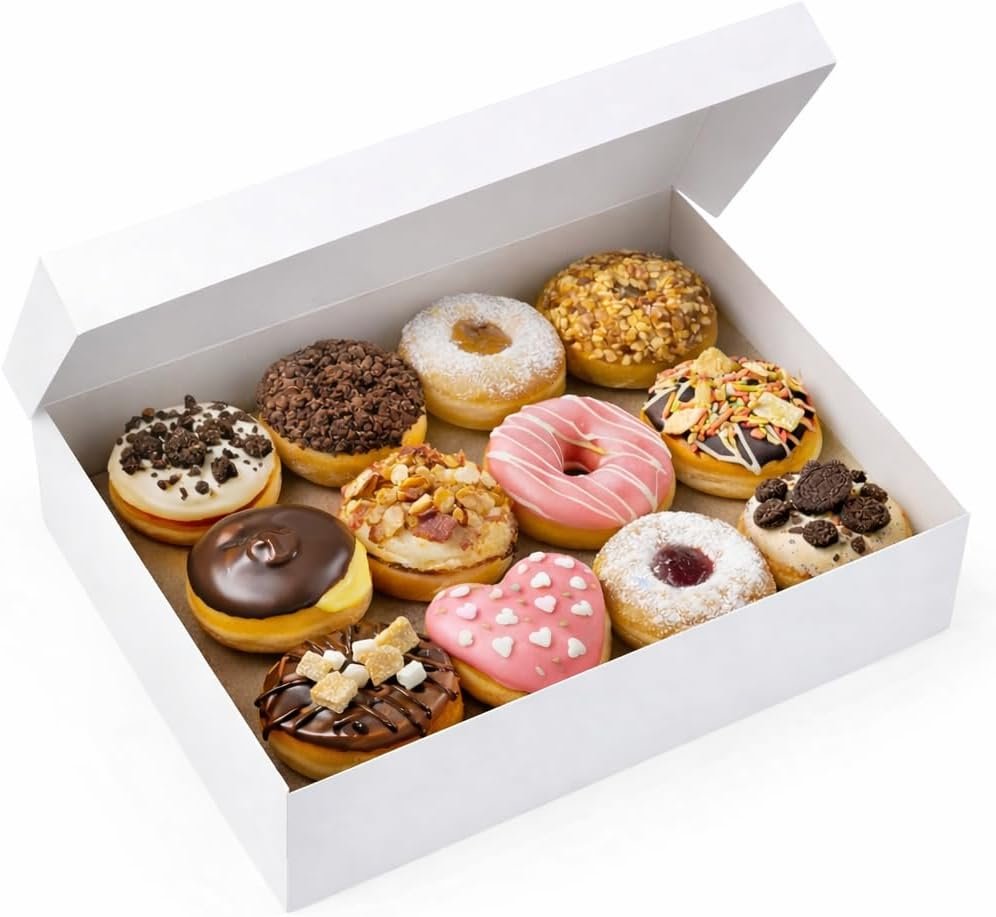 Caja de Donuts con Logo Personalizado, Diseño Fácil de Montar, Capacidad para Una Docena de Donuts Decorados, Muffins o Pasteles, Ideal para Catering de Sándwiches, Proveedor de Embalajes, Tamaño 16 x 12 x 2.5 (Paquete de 50) Marca Blanca.