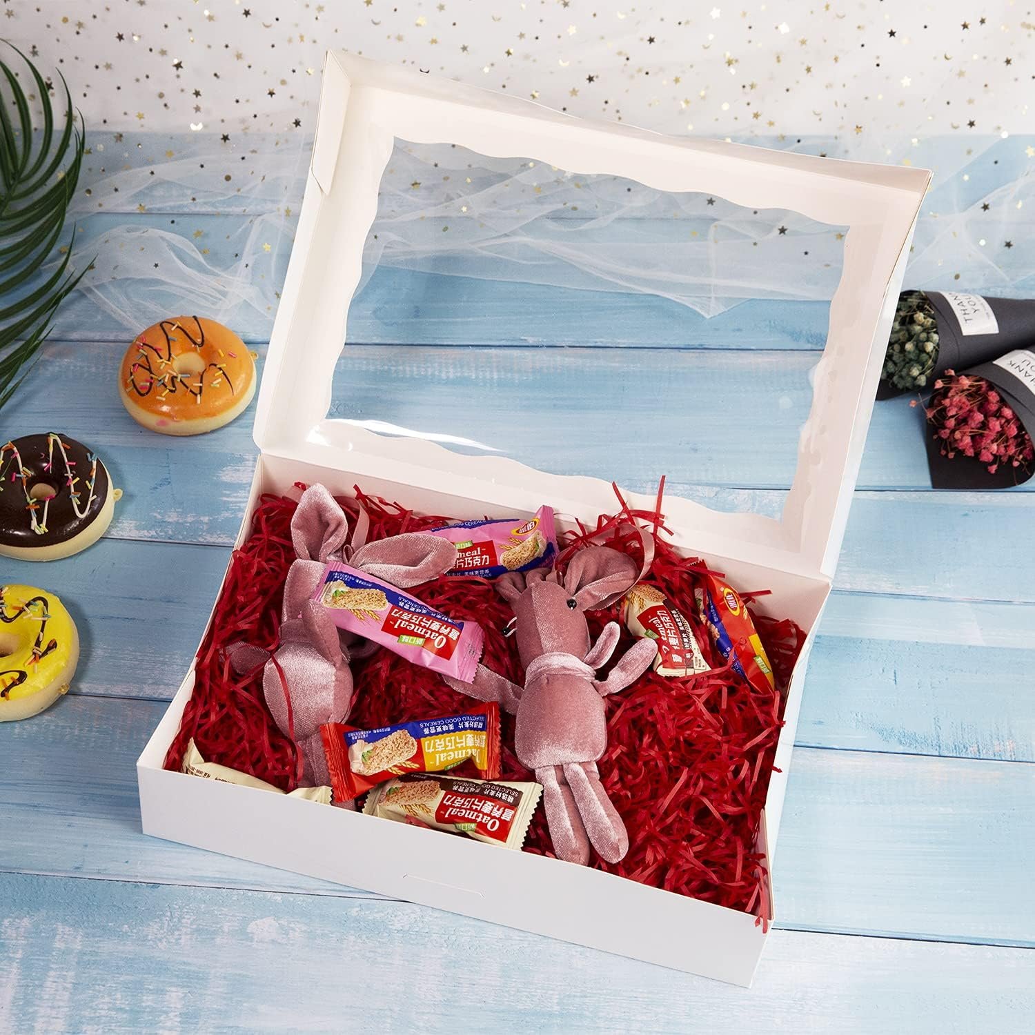 Caja de pastelería blanca 15-Pack con ventana, 12x8x2.5 pulgadas, ideal para donas y muffins, con opción de Logo Personalizado, empaques de marca blanca, Fábrica de cajas para productos de repostería.