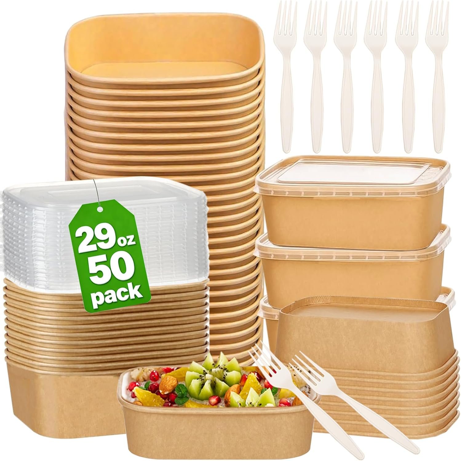 Logo Personalizado 50 Pack de Cuencos de Papel Kraft Desechables de 29oz con Tapa y Cubiertos, Envases para Comidas para Llevar, Contenedores Microwaveables y Freezer, Marca Blanca Proveedor de Alimentos Fríos y Calientes