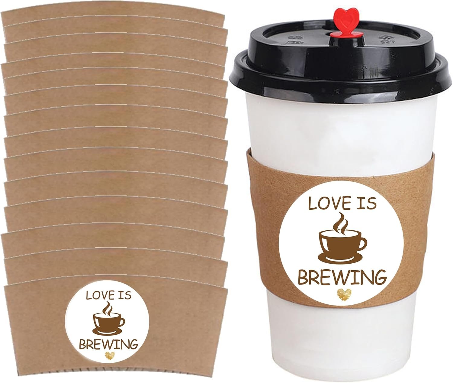 Logo Personalizado 50 unidades de mangas para tazas de café desechables, Love Is Brewing, decoraciones para despedidas de soltera con temática de café para amantes del café, Proveedor.