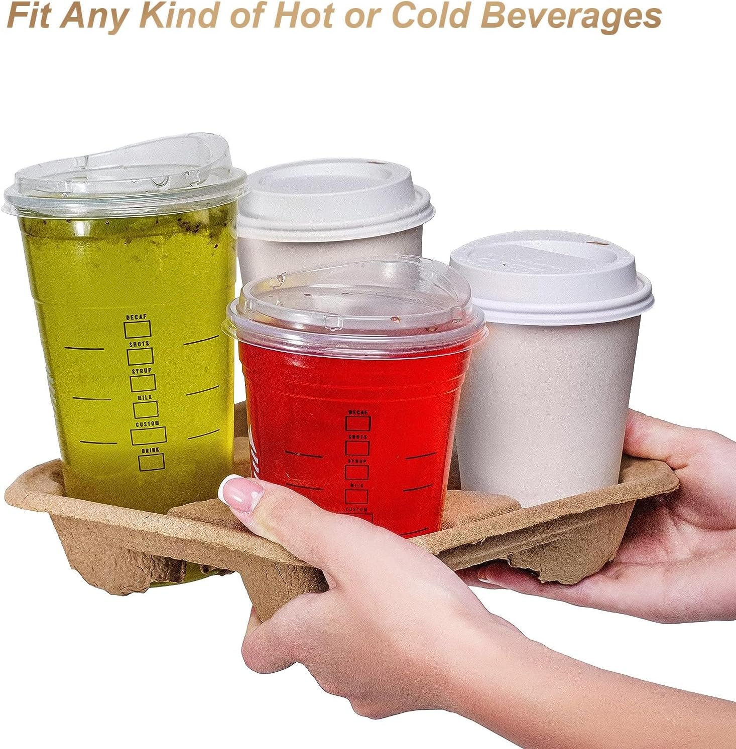 Logo Personalizado Portavasos de 4 Tazas, Soporte Desechable Biodegradable para Bebidas Calientes o Frías, Ideal para Cafeterías y Bares de Jugos, Proveedor de Envases Ecológicos.
