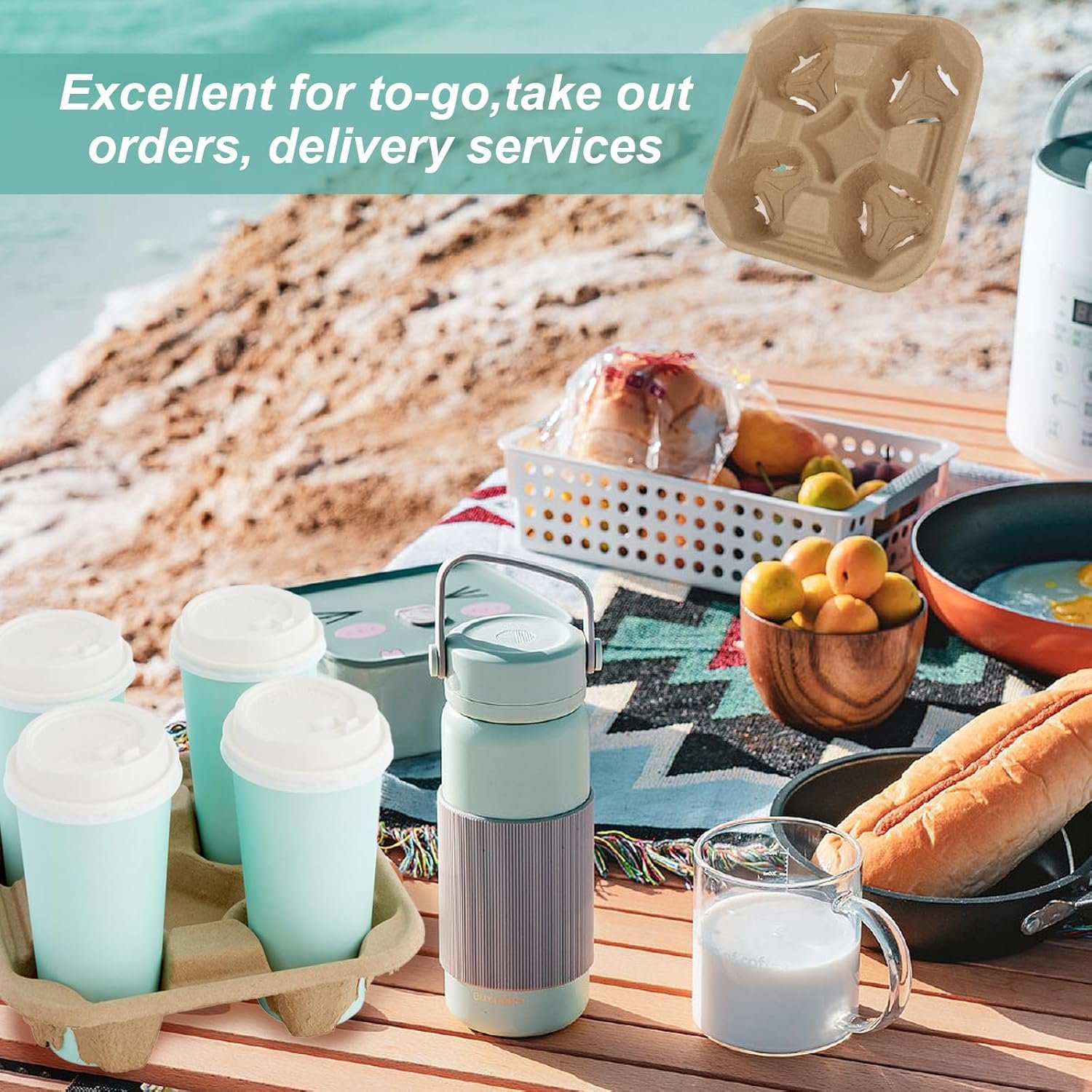 Logo Personalizado Portavasos de 4 Tazas, Soporte Desechable Biodegradable para Bebidas Calientes o Frías, Ideal para Cafeterías y Bares de Jugos, Proveedor de Envases Ecológicos.