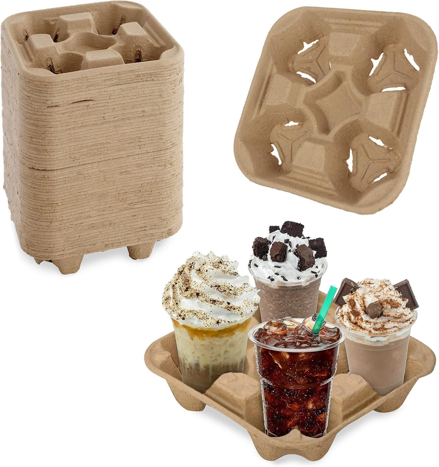 Logo Personalizado Portavasos de 4 Tazas, Soporte Desechable Biodegradable para Bebidas Calientes o Frías, Ideal para Cafeterías y Bares de Jugos, Proveedor de Envases Ecológicos.