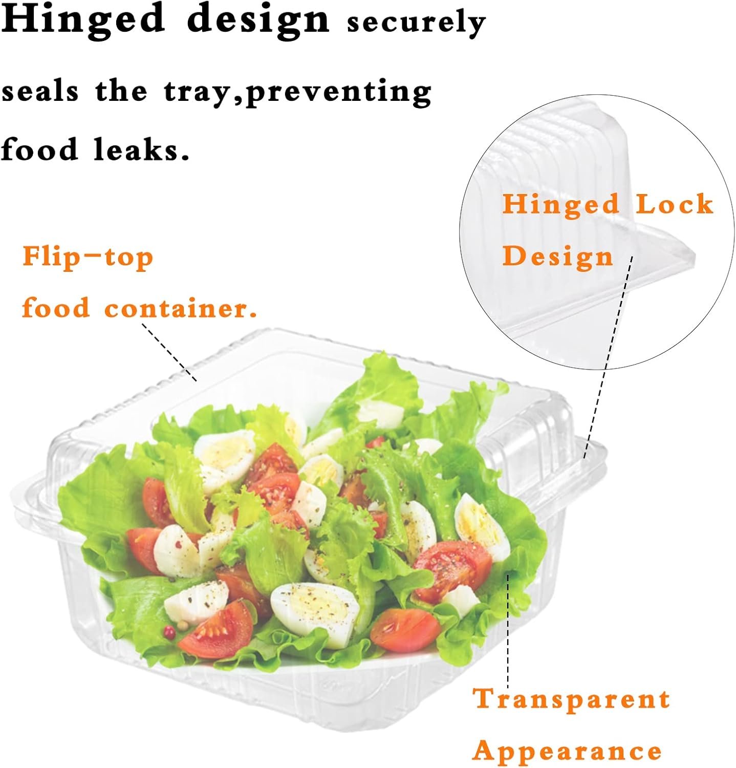 Contenedores de Plástico Transparentes de 100 Piezas con Tapas, Envases para Comida Tipo Clamshell, Logo Personalizado y Marca Blanca por Proveedor Fábrica.