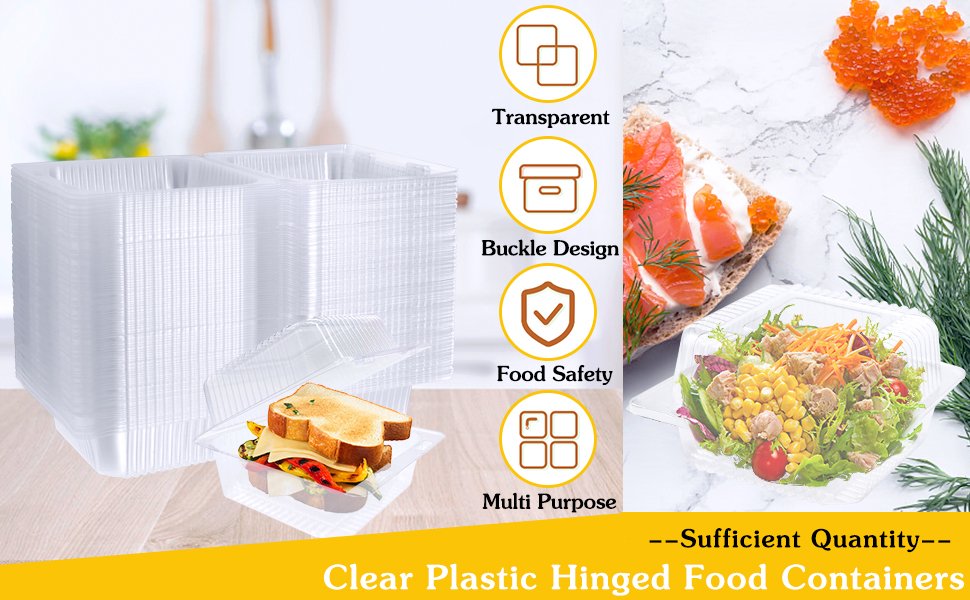 Contenedores de Plástico Transparentes de 100 Piezas con Tapas, Envases para Comida Tipo Clamshell, Logo Personalizado y Marca Blanca por Proveedor Fábrica.