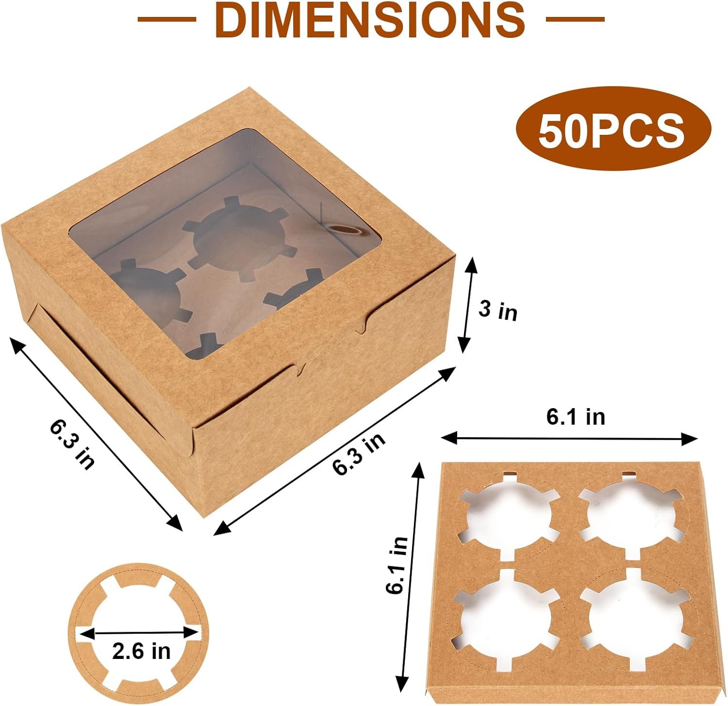 Logo Personalizado para Cajas de Cupcakes con Ventana, 50 PCS 6x6x3 Pulgadas, Envases de Pastelería para Postres y Chocolate, Cajas de Regalo con Stickers y Yute, Fábrica de Marca Blanca