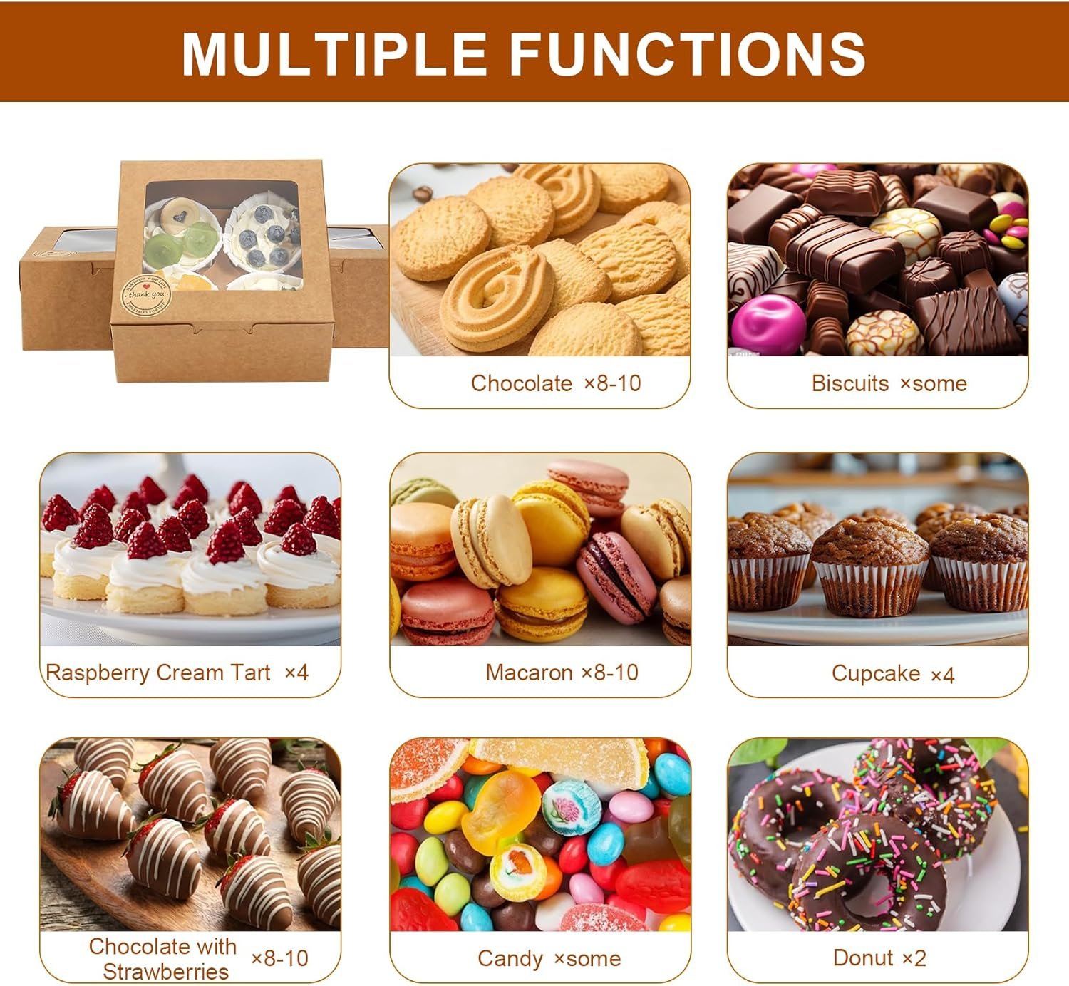 Logo Personalizado para Cajas de Cupcakes con Ventana, 50 PCS 6x6x3 Pulgadas, Envases de Pastelería para Postres y Chocolate, Cajas de Regalo con Stickers y Yute, Fábrica de Marca Blanca