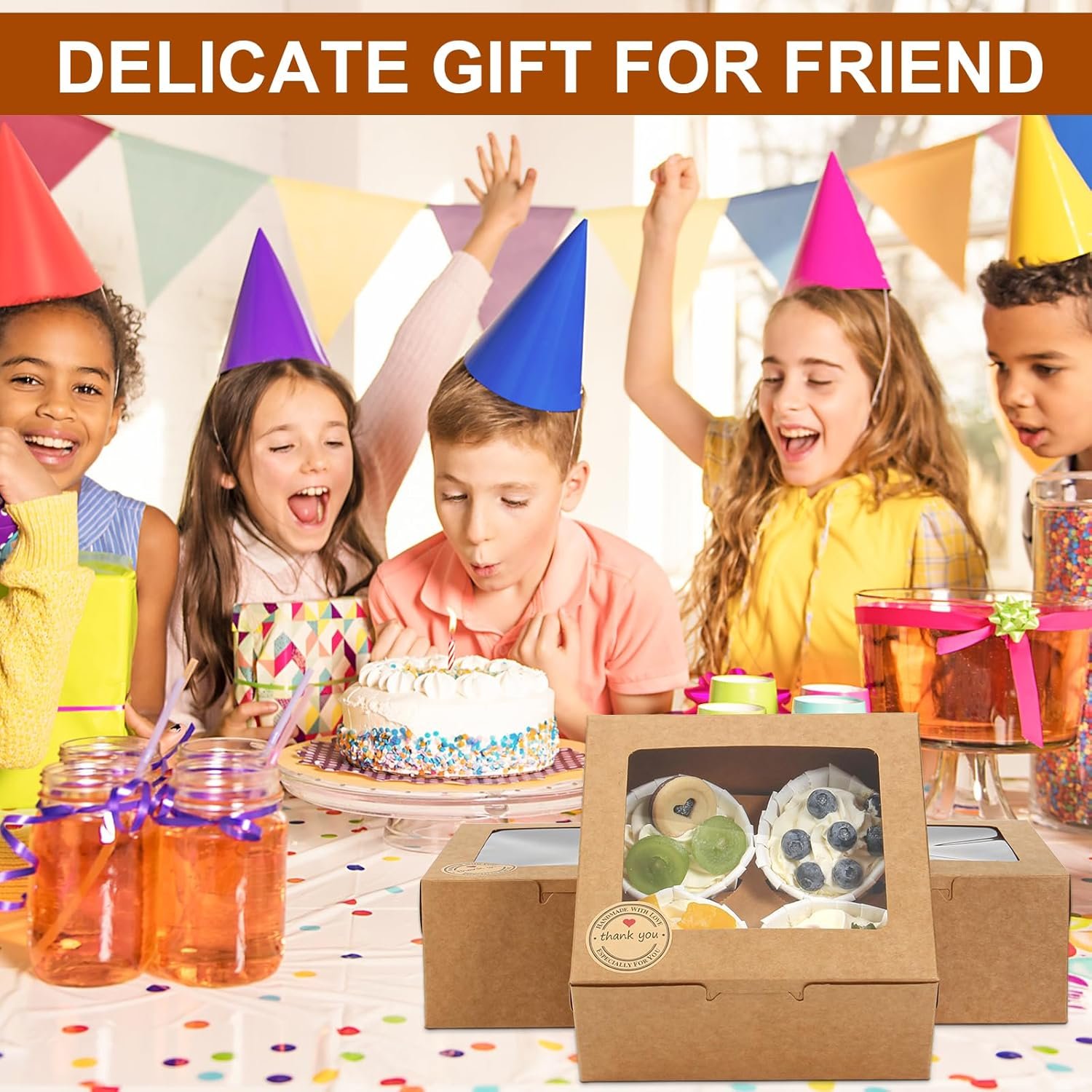 Logo Personalizado para Cajas de Cupcakes con Ventana, 50 PCS 6x6x3 Pulgadas, Envases de Pastelería para Postres y Chocolate, Cajas de Regalo con Stickers y Yute, Fábrica de Marca Blanca