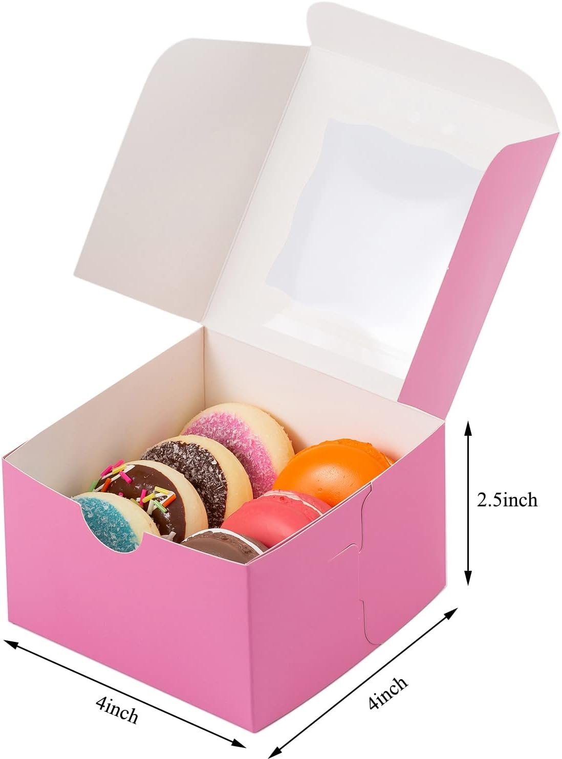 Cajas de galletas de papel con ventana 100Pcs, marca blanca para pastelería, cajas mini de 4x4x2.5 pulgadas para cupcakes, postres, donuts, fresas con chocolate, caramelos y cajas para golosinas, fabricadas por proveedor.