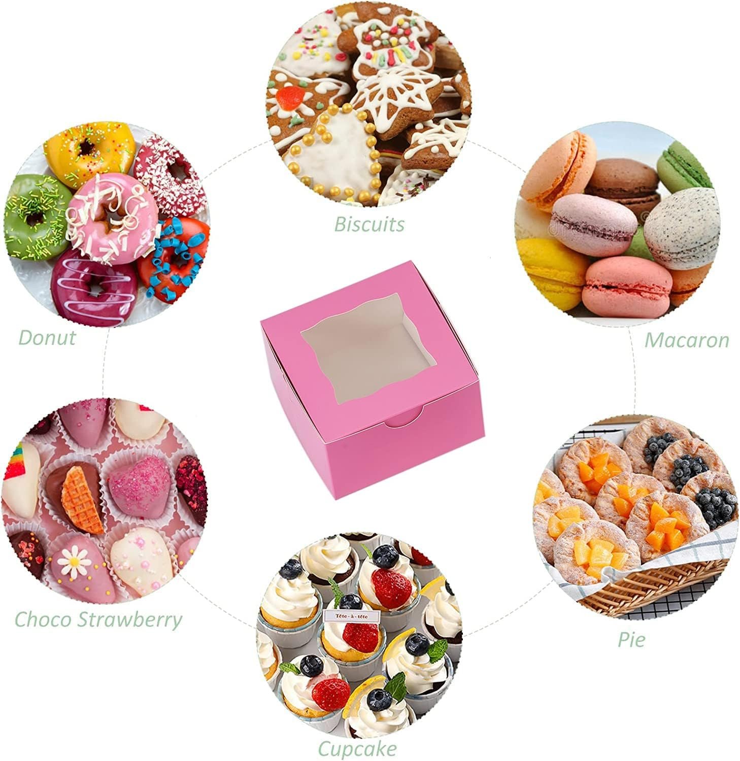 Cajas de galletas de papel con ventana 100Pcs, marca blanca para pastelería, cajas mini de 4x4x2.5 pulgadas para cupcakes, postres, donuts, fresas con chocolate, caramelos y cajas para golosinas, fabricadas por proveedor.