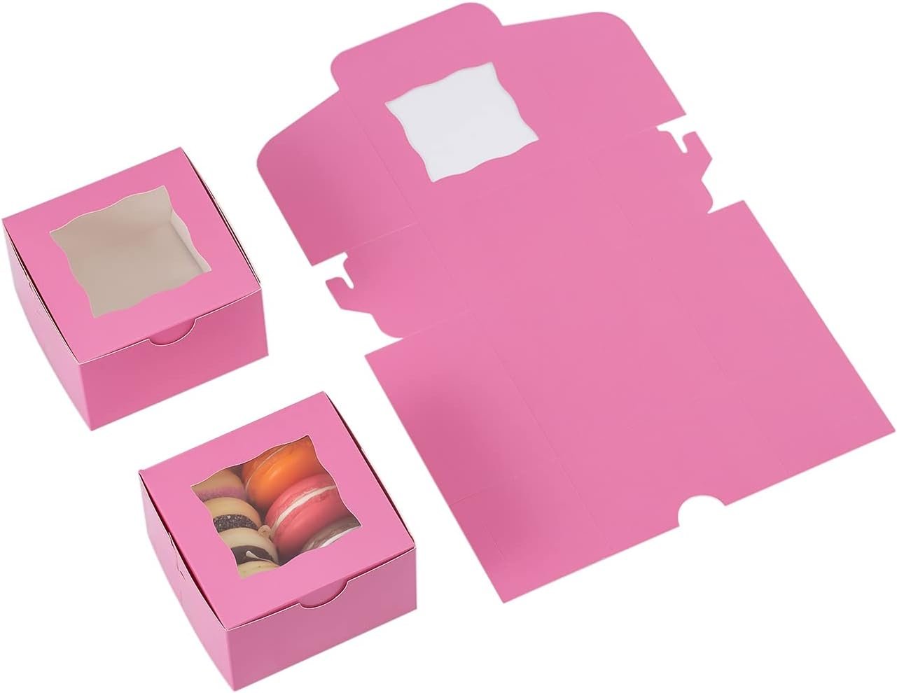 Cajas de galletas de papel con ventana 100Pcs, marca blanca para pastelería, cajas mini de 4x4x2.5 pulgadas para cupcakes, postres, donuts, fresas con chocolate, caramelos y cajas para golosinas, fabricadas por proveedor.