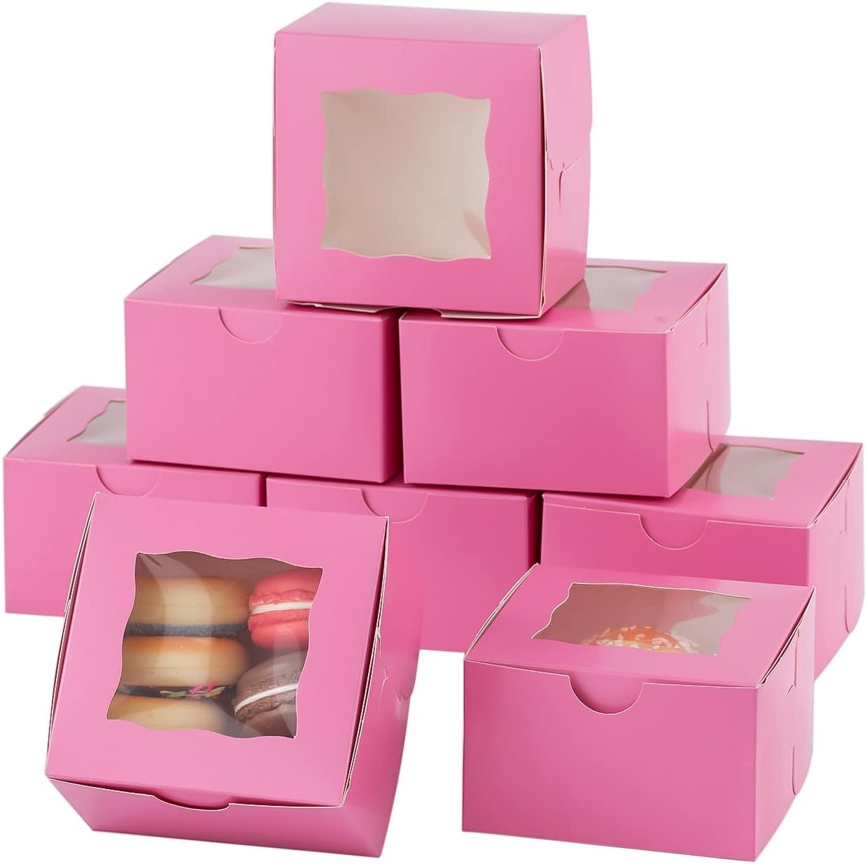 Cajas de galletas de papel con ventana 100Pcs, marca blanca para pastelería, cajas mini de 4x4x2.5 pulgadas para cupcakes, postres, donuts, fresas con chocolate, caramelos y cajas para golosinas, fabricadas por proveedor.