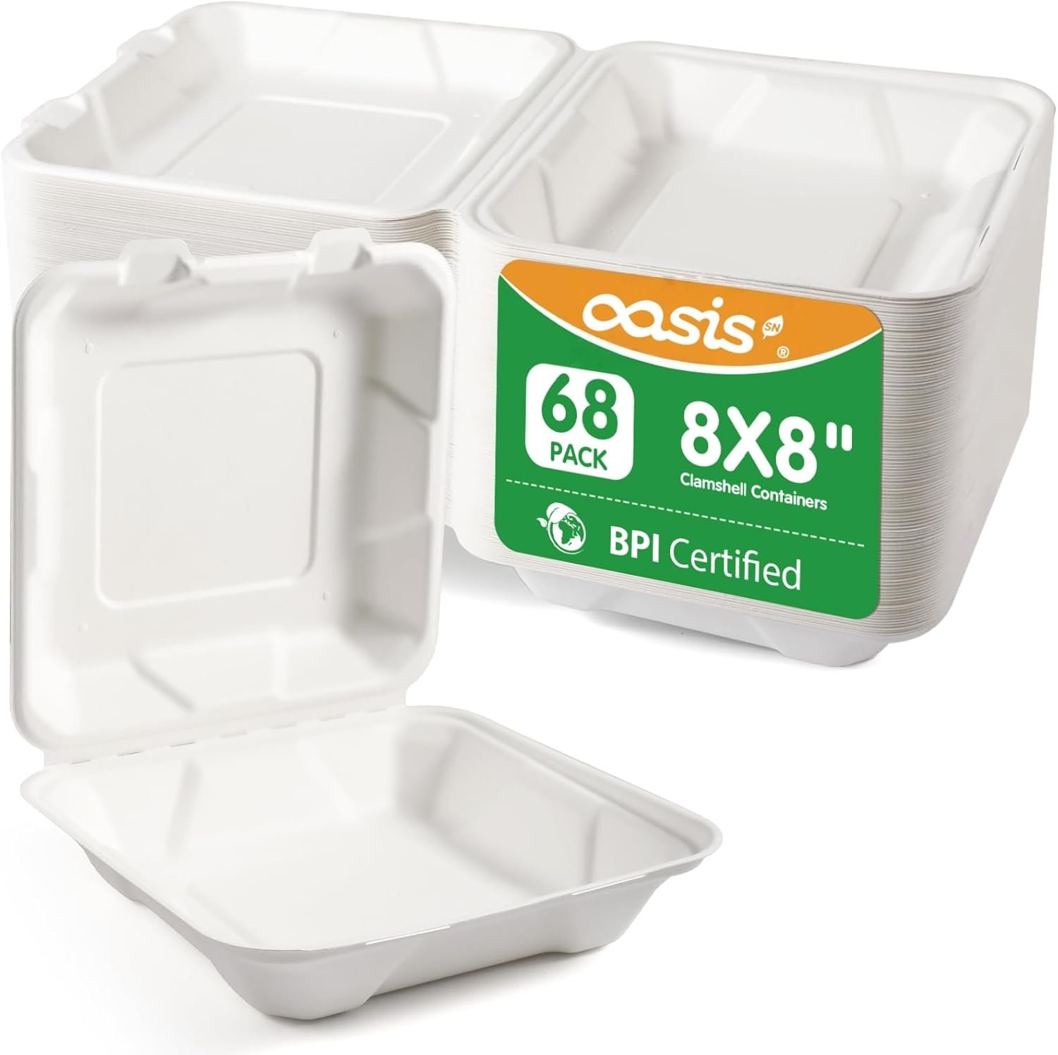 Logo Personalizado 8"x8", 68-Pack Envases Desechables para Comida en Clamshell, Cajas de Papel Biodegradables para Hamburguesas, Sándwiches, Papas Fritas y Más (Blanco) de Fábrica.