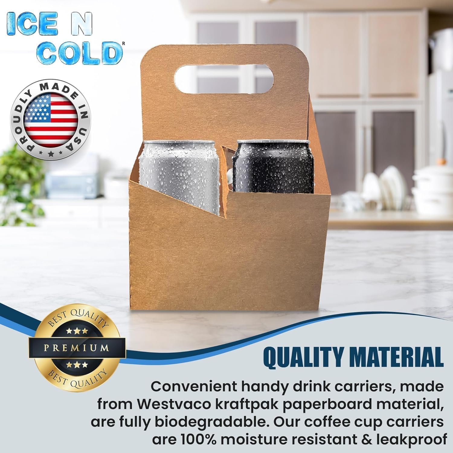 Portador de Bebidas Desechable 4 Tazas con Asa | Soporte de Papel Kraft para Bebidas Calientes o Frías, Logo Personalizado, Servicio de Entrega de Comida, Proveedor (10)