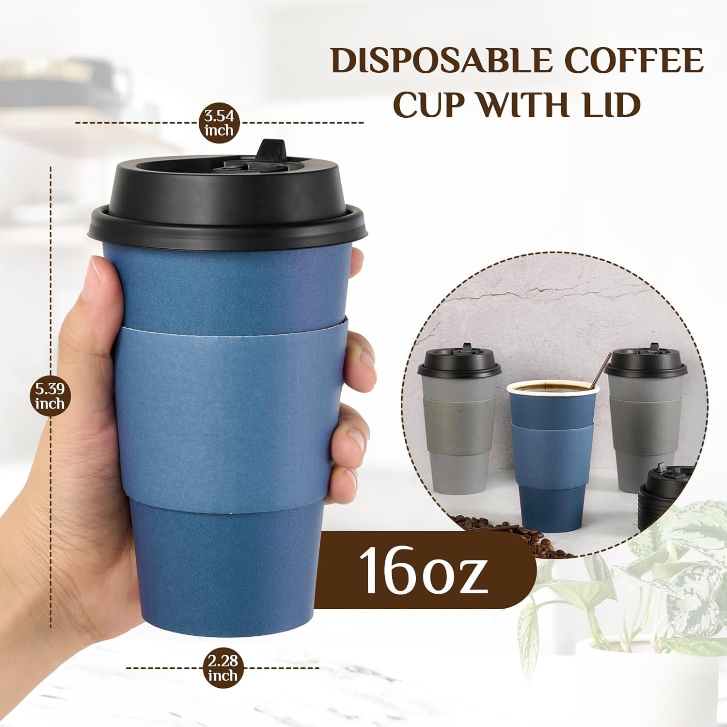 Tazas de papel desechables de 16 oz con tapa, mangas y palillos para café caliente, agua o jugo, con logo personalizado para cafeterías, escuelas, oficinas y tiendas, disponibles a través de nuestro proveedor.