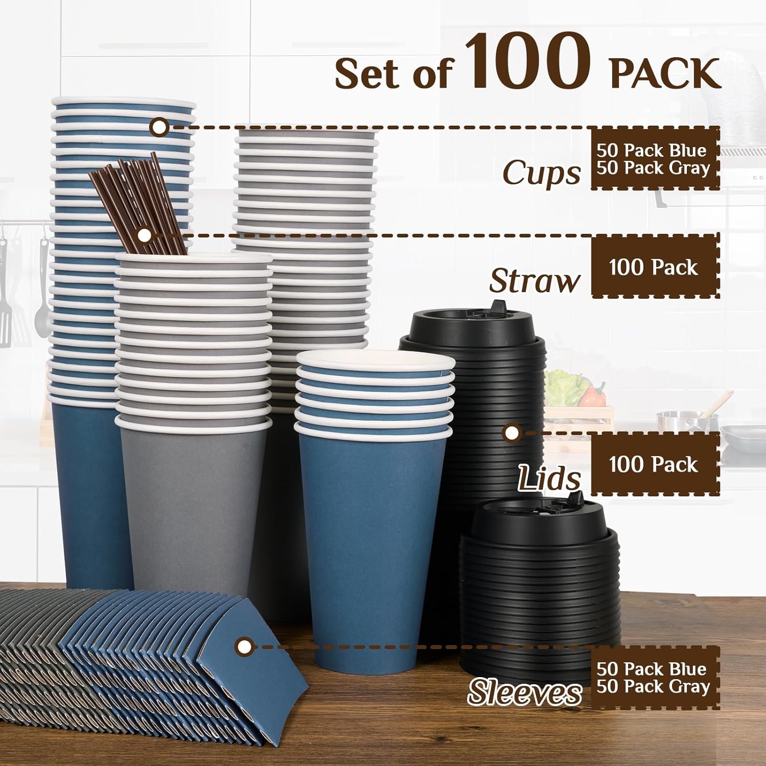 Tazas de papel desechables de 16 oz con tapa, mangas y palillos para café caliente, agua o jugo, con logo personalizado para cafeterías, escuelas, oficinas y tiendas, disponibles a través de nuestro proveedor.