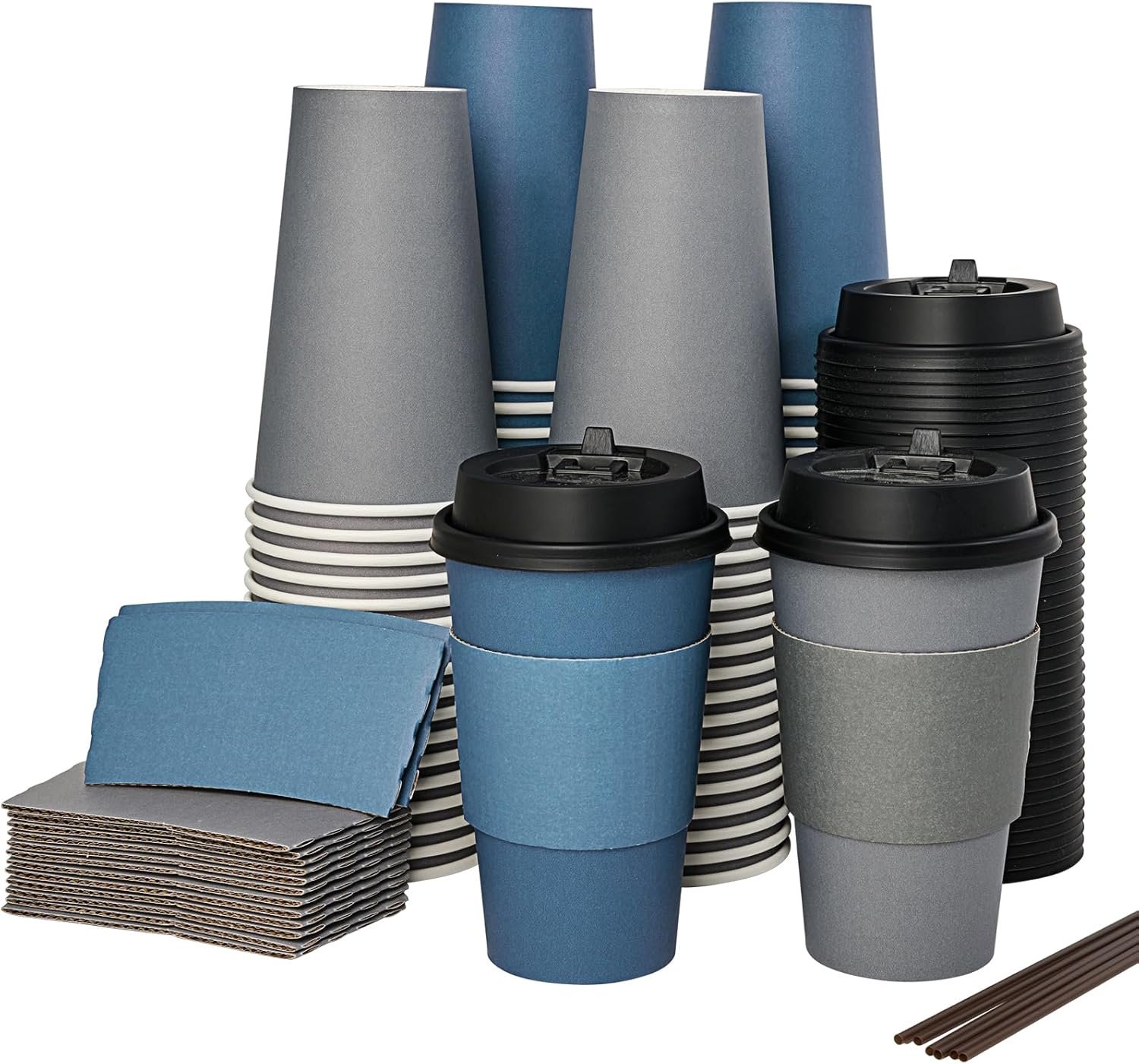 Tazas de papel desechables de 16 oz con tapa, mangas y palillos para café caliente, agua o jugo, con logo personalizado para cafeterías, escuelas, oficinas y tiendas, disponibles a través de nuestro proveedor.
