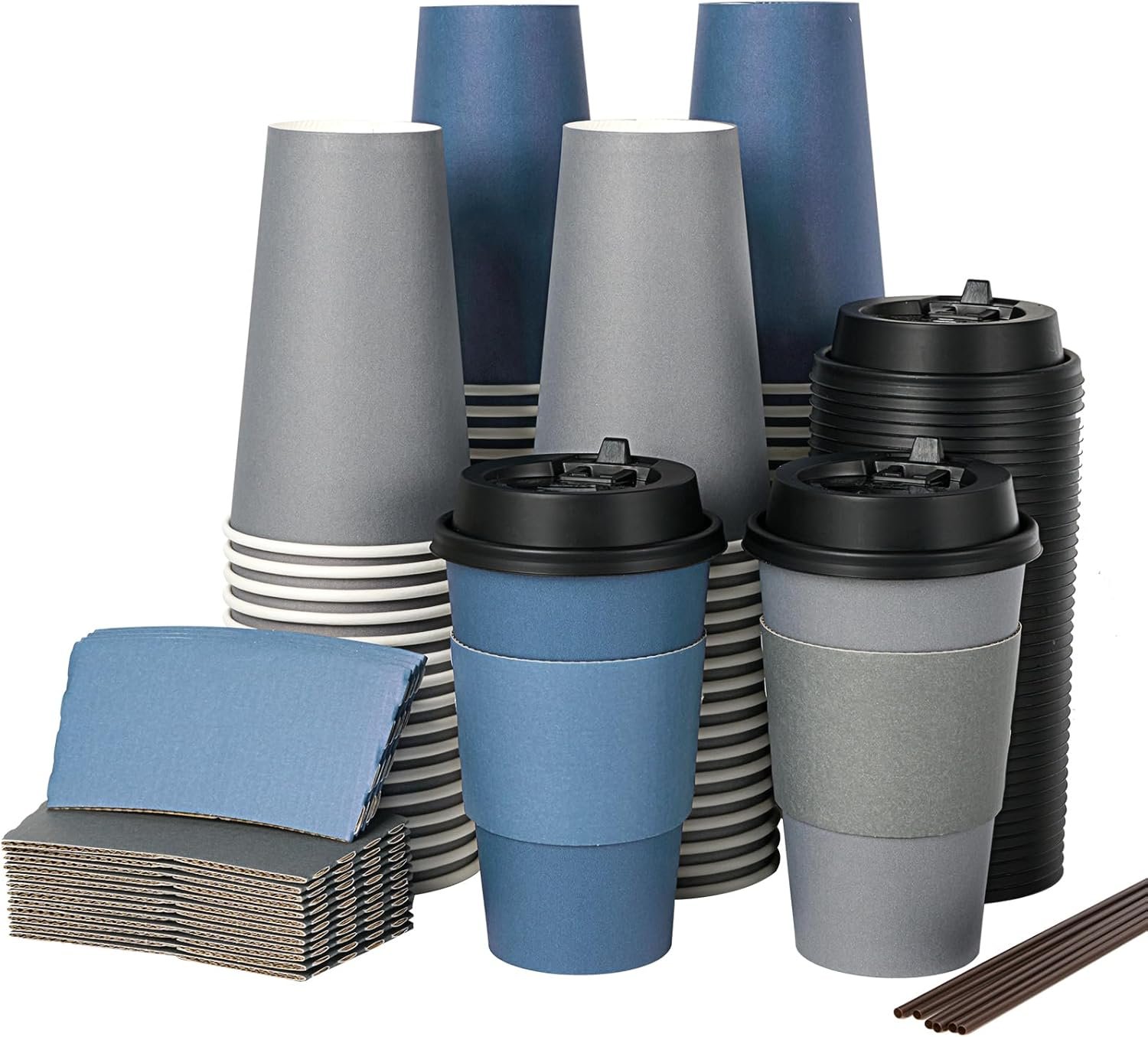 Tazas de papel desechables de 16 oz con tapa, mangas y palillos para café caliente, agua o jugo, con logo personalizado para cafeterías, escuelas, oficinas y tiendas, disponibles a través de nuestro proveedor.