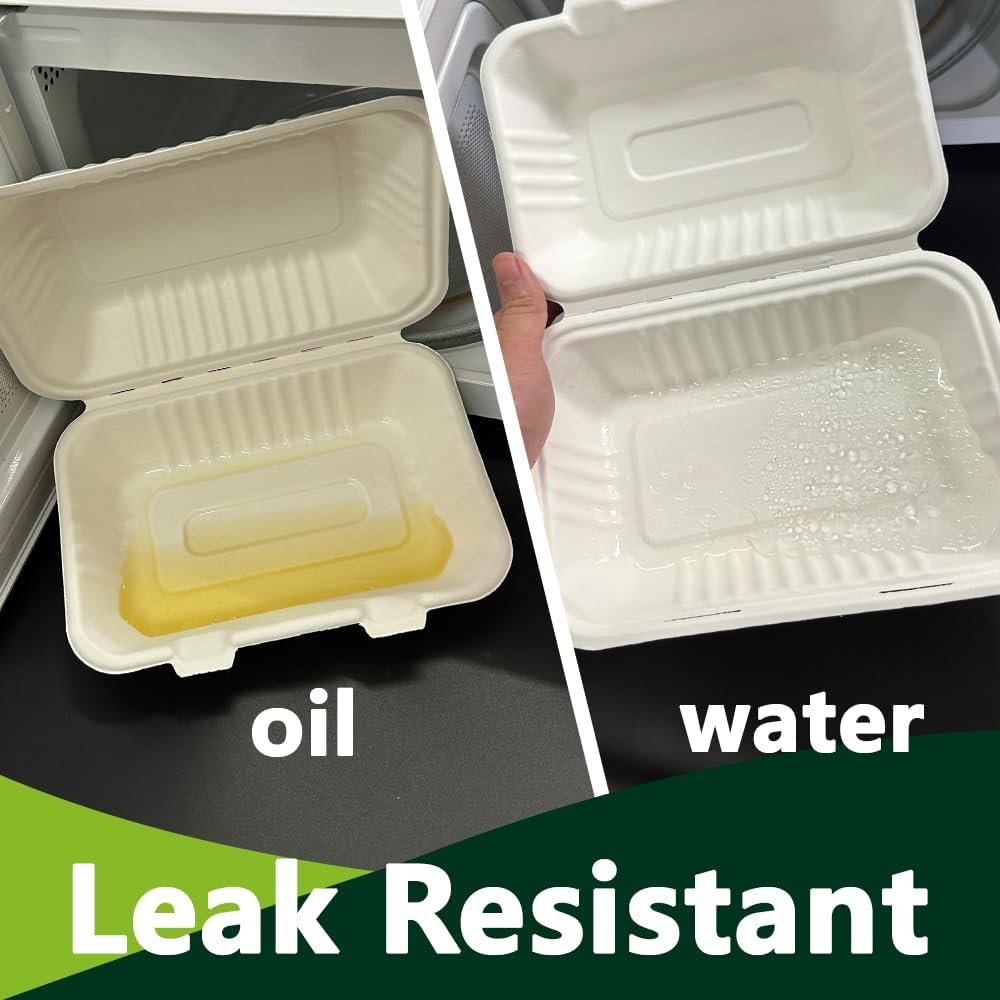 Contenedores desechables para llevar 9x6 pulgadas【75 paquetes】, cajas de comida compostables Bagasse con tapas, marca blanca ideales para almuerzos, ensaladas, preparación de comidas, proveedor confiable.