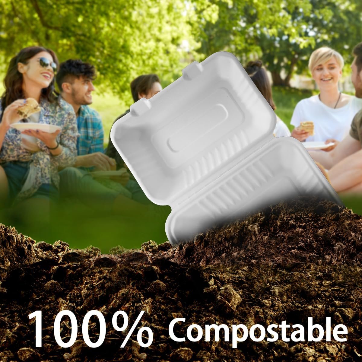 Contenedores desechables para llevar 9x6 pulgadas【75 paquetes】, cajas de comida compostables Bagasse con tapas, marca blanca ideales para almuerzos, ensaladas, preparación de comidas, proveedor confiable.