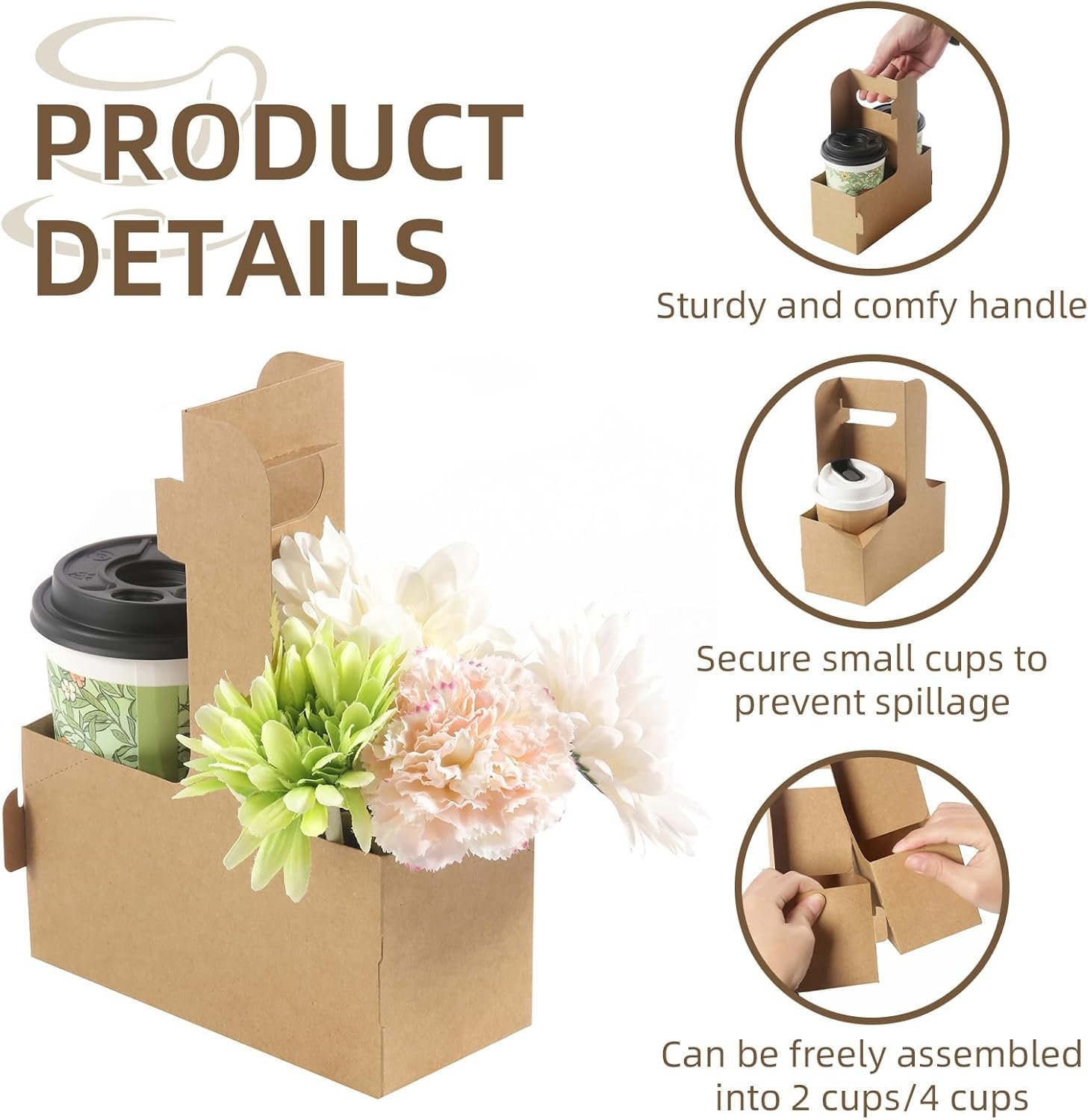 Portador de café desechable con logo personalizado, soporte de cartón para 2 tazas, porta bebidas portátil con asa para bebidas calientes y frías, 200 unidades, proveedor de soluciones de empaque.