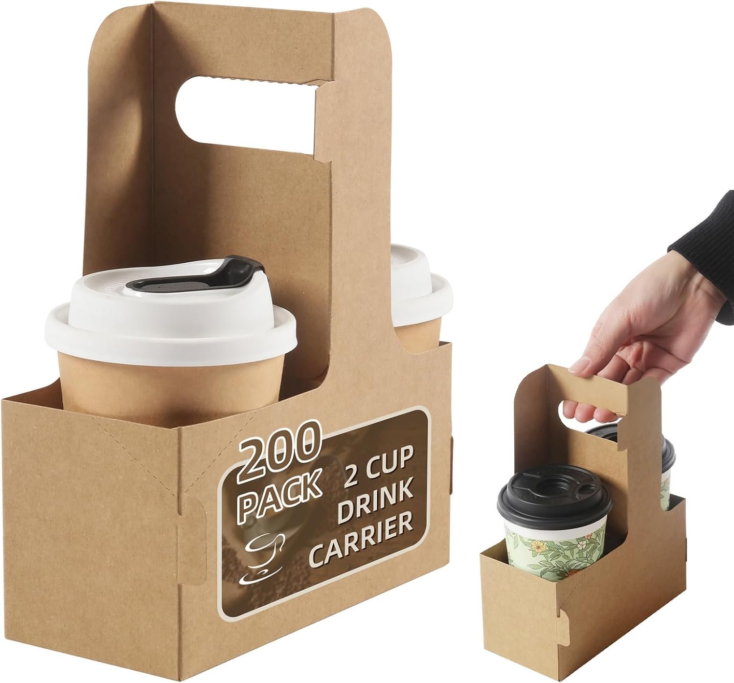 Portador de café desechable con logo personalizado, soporte de cartón para 2 tazas, porta bebidas portátil con asa para bebidas calientes y frías, 200 unidades, proveedor de soluciones de empaque.