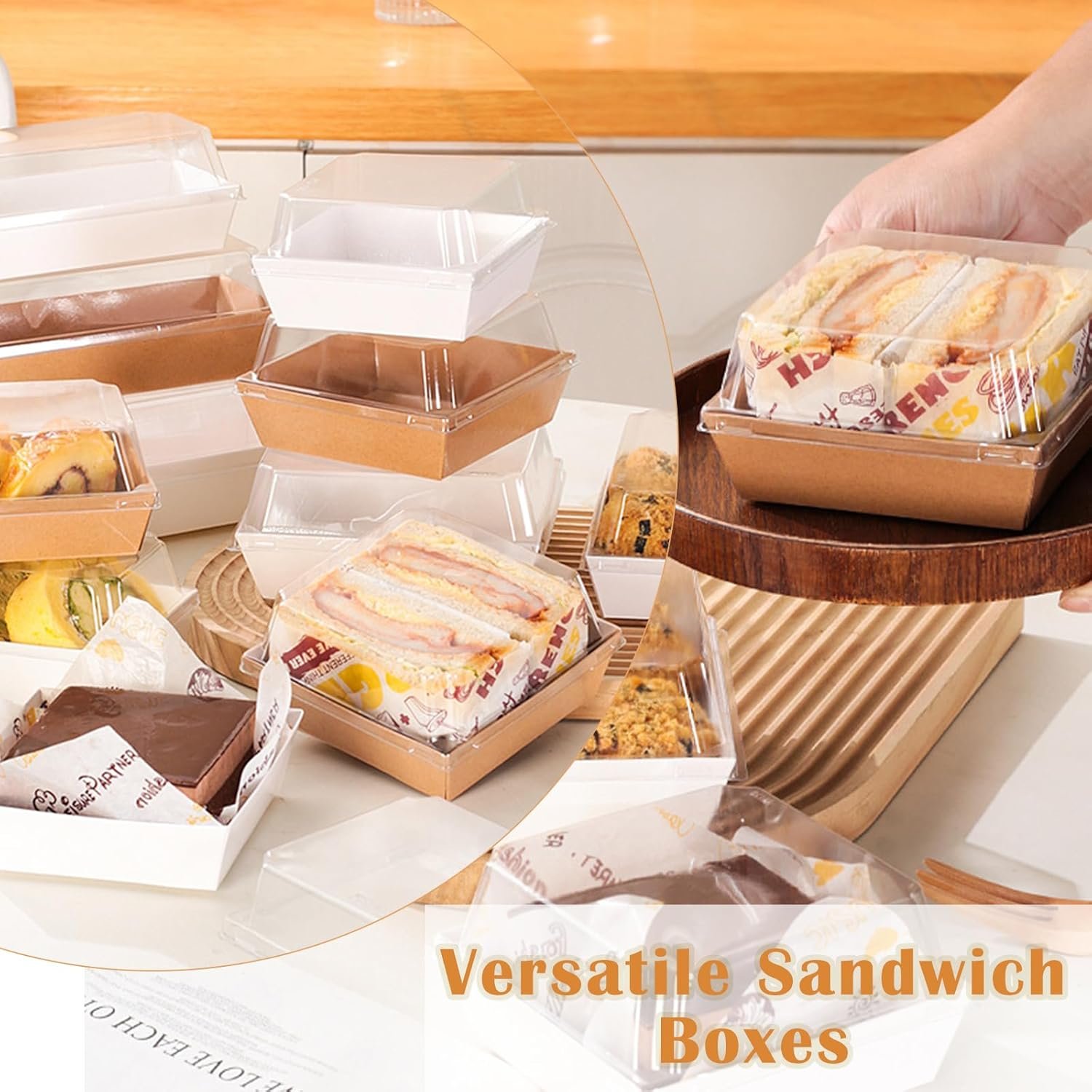 Caja desechable de papel cuadrada de 5 pulgadas con tapa clara, 100 unidades, ideal para postres, sándwiches, galletas y sushi, con logotipo personalizado para su marca blanca, directo de nuestro proveedor.