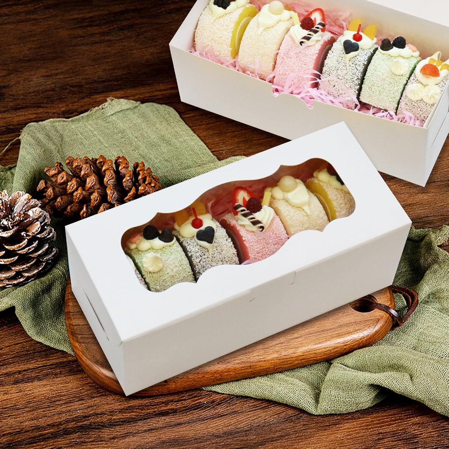 Cajas de galletas blancas con ventana para regalo, 10pcs de 9x4x3.5 pulgadas, con Logo Personalizado, ideales para pasteles enrollados, postres, muffins, donas, caramelos y pasteles; Proveedor de soluciones de empaque y presentación.