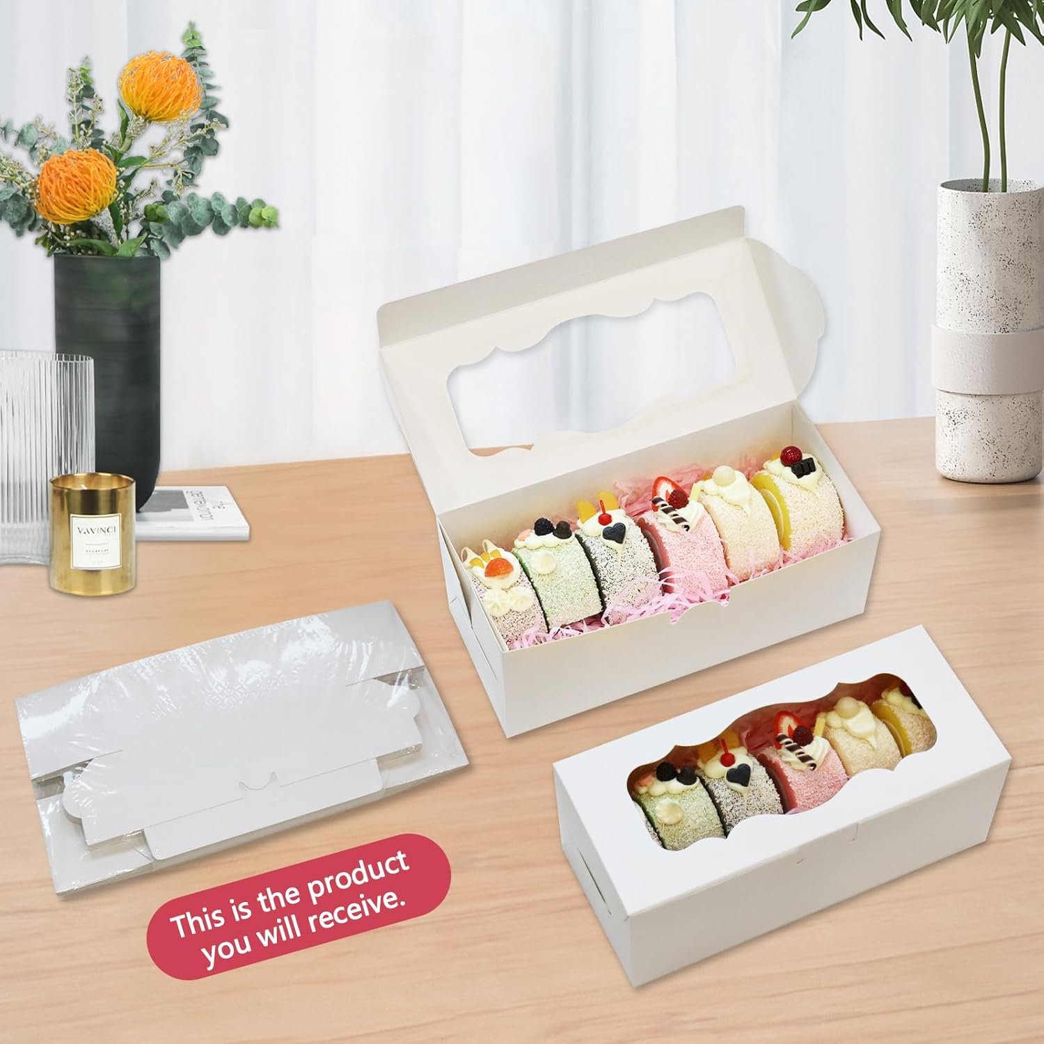 Cajas de galletas blancas con ventana para regalo, 10pcs de 9x4x3.5 pulgadas, con Logo Personalizado, ideales para pasteles enrollados, postres, muffins, donas, caramelos y pasteles; Proveedor de soluciones de empaque y presentación.