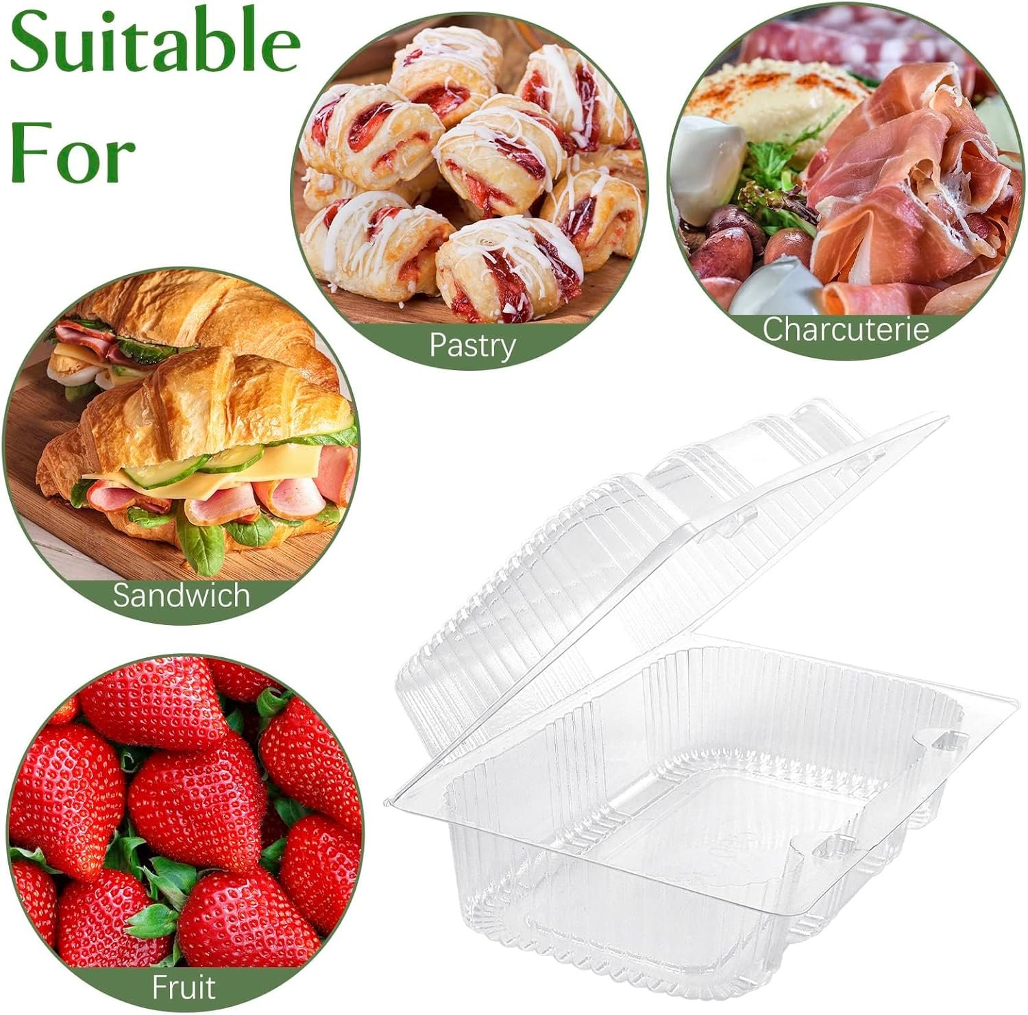 Contenedores de comida desechables de plástico resistente con tapa transparente (40 unidades) para llevar, cajas para postres, porciones de pastel, ensaladas, pasteles y sándwiches, con logo personalizado. Ideal para distribución de marca blanca, fabricados en Fábrica. Contenedores de comida desechables de plástico resistente con tapa transparente (40 unidades) para llevar, cajas para postres, porciones de pastel, ensaladas, pasteles y sándwiches, con logo personalizado. Ideal para distribución de marca blanca, fabricados en Fábrica.