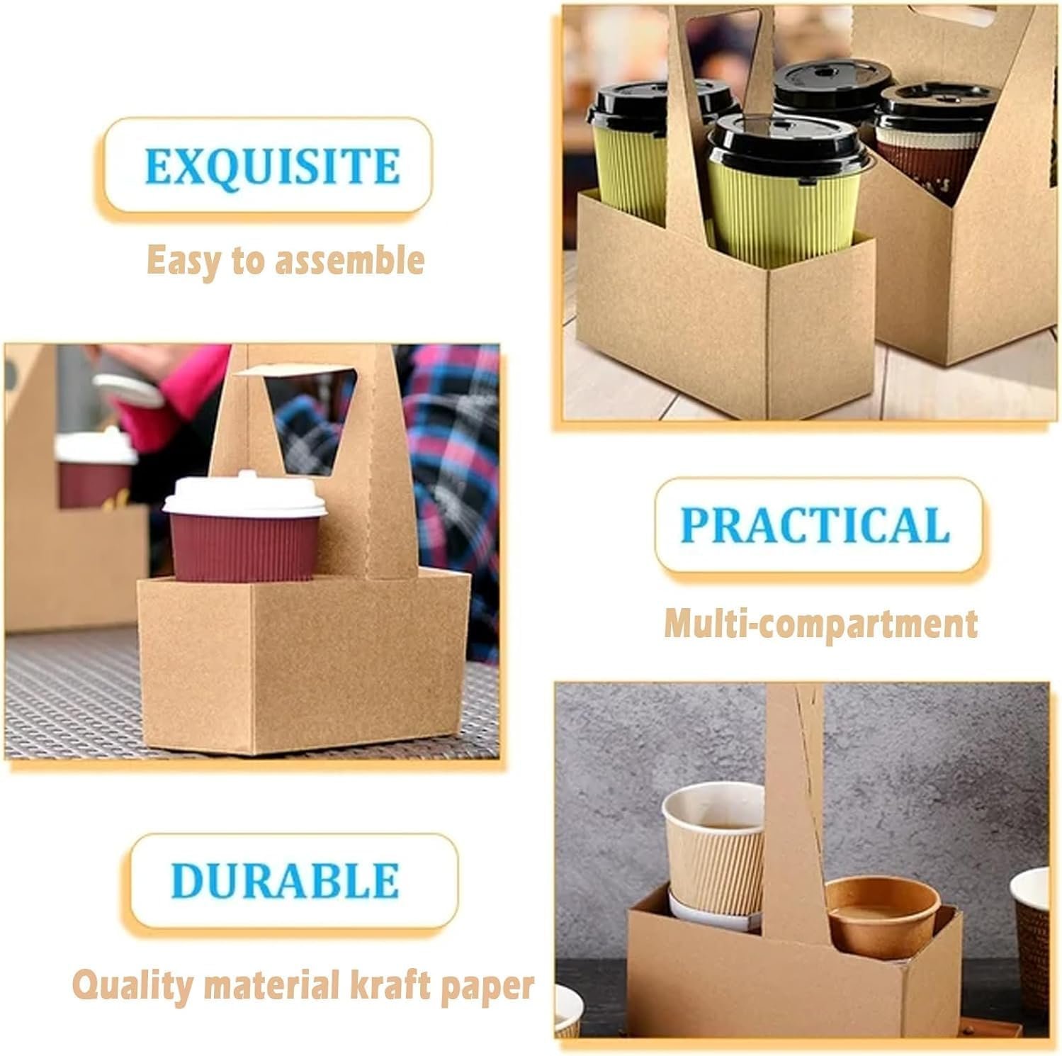 Logo Personalizado 20 Pack Porta Bebidas Kraft con Asas, Soporte Desechable para 2 Tazas de Bebidas Calientes o Frías, Servicio de Comida para Llevar en Café y Restaurante, Proveedor de Cartón para Café para Llevar.