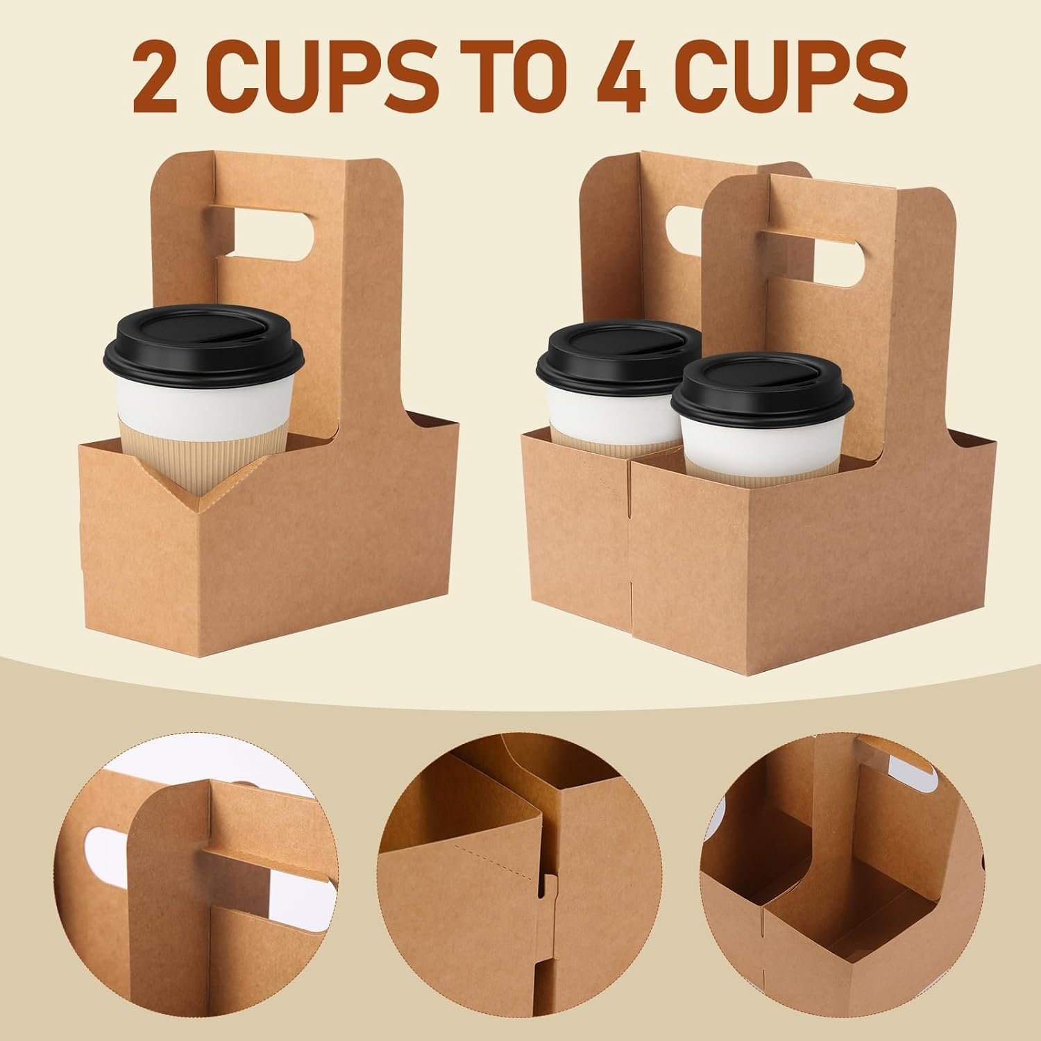 Logo Personalizado 50PCS Soporte Desechable para Bebidas 2 Tazas con Asa, Porta Tazas de Papel Kraft para Bebidas Calientes o Frías, Transportador Portátil de Tazas para Café a Domicilio, Empaque Floral, Proveedor Fábrica.