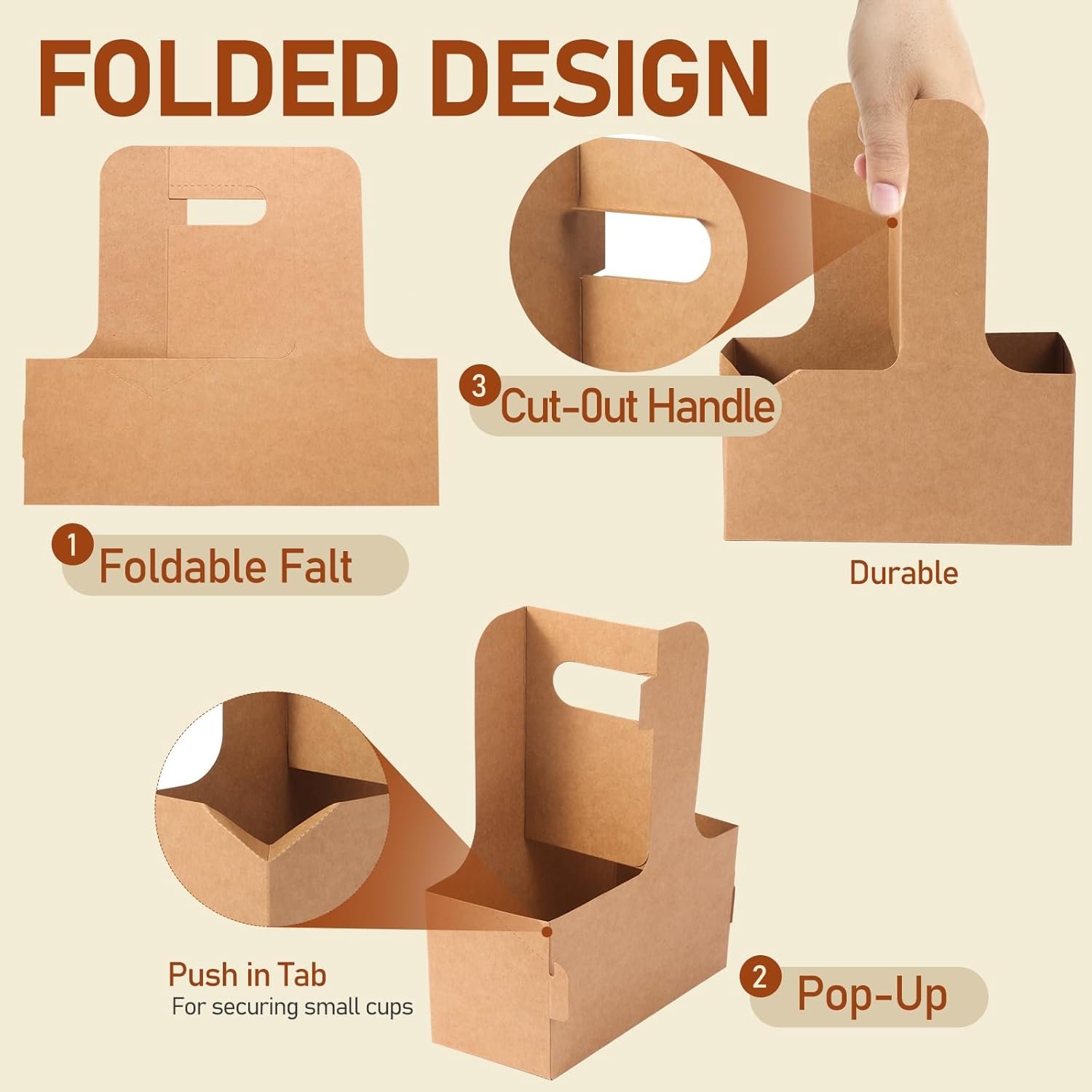 Logo Personalizado 50PCS Soporte Desechable para Bebidas 2 Tazas con Asa, Porta Tazas de Papel Kraft para Bebidas Calientes o Frías, Transportador Portátil de Tazas para Café a Domicilio, Empaque Floral, Proveedor Fábrica.