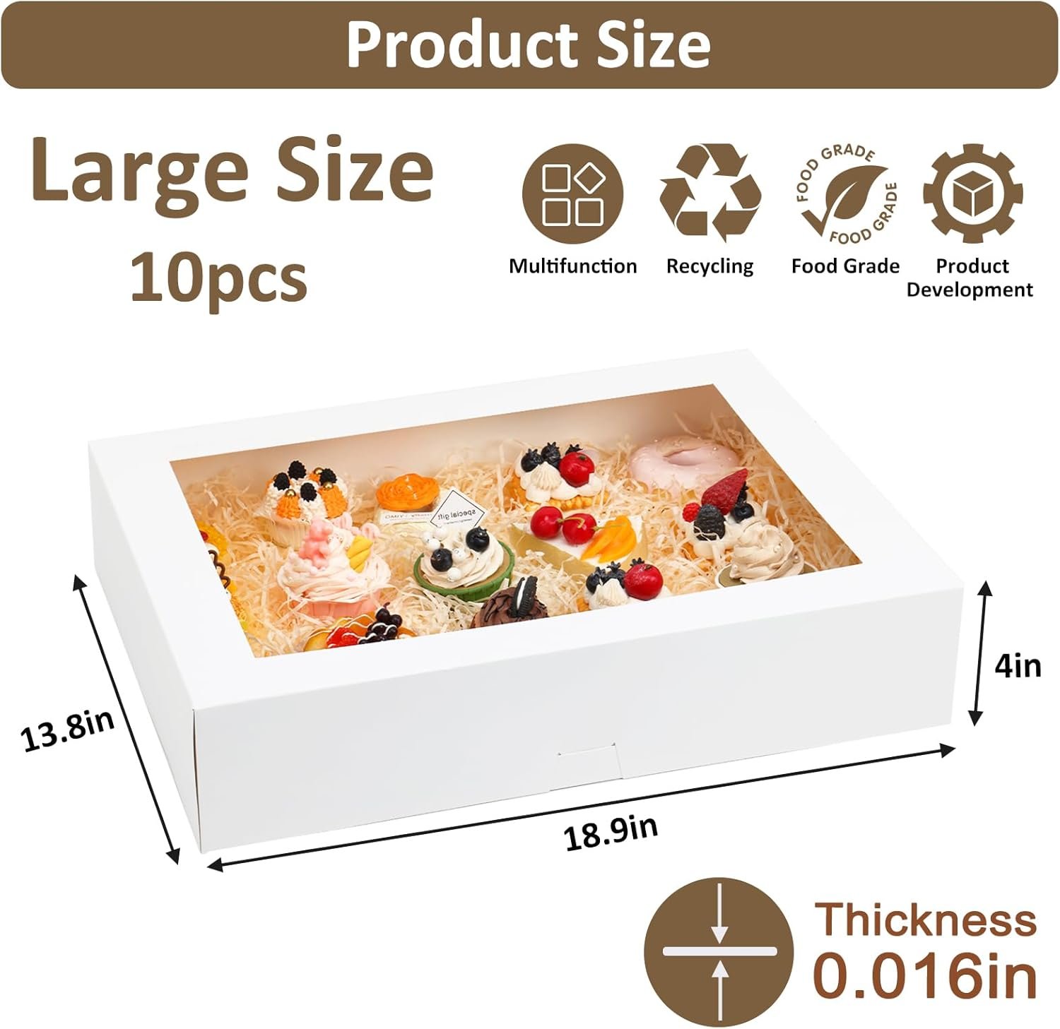 Cajas de pastel media con ventana, 10pcs 19x14x4in, para empacado de dulces como galletas, pasteles, donas y cupcakes, Marca Blanca, suministradas por nuestro Fabricante.