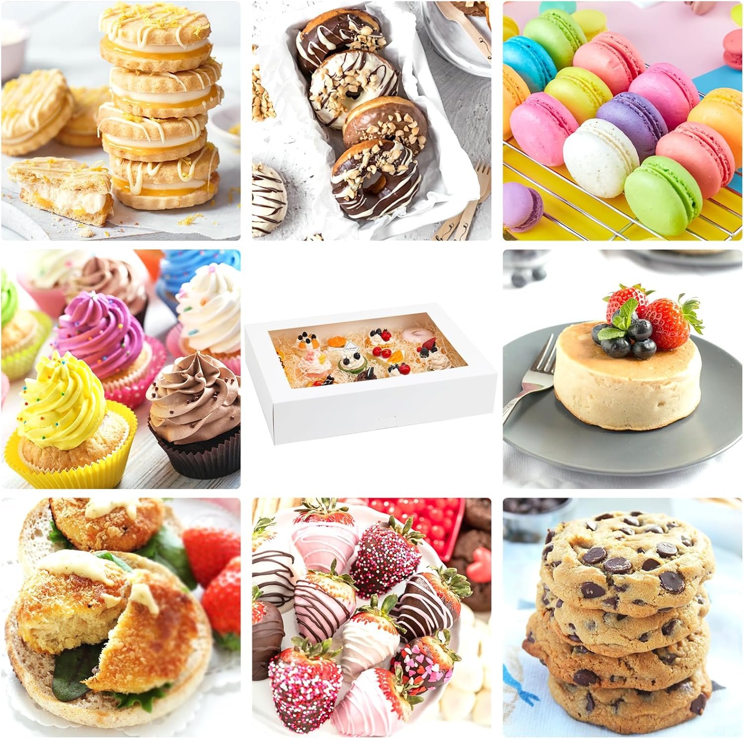 Cajas de pastel media con ventana, 10pcs 19x14x4in, para empacado de dulces como galletas, pasteles, donas y cupcakes, Marca Blanca, suministradas por nuestro Fabricante.