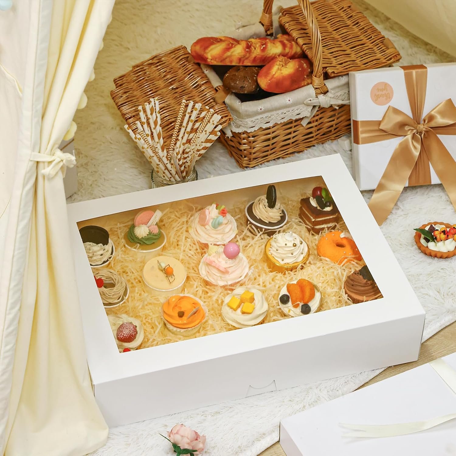 Cajas de pastel media con ventana, 10pcs 19x14x4in, para empacado de dulces como galletas, pasteles, donas y cupcakes, Marca Blanca, suministradas por nuestro Fabricante.