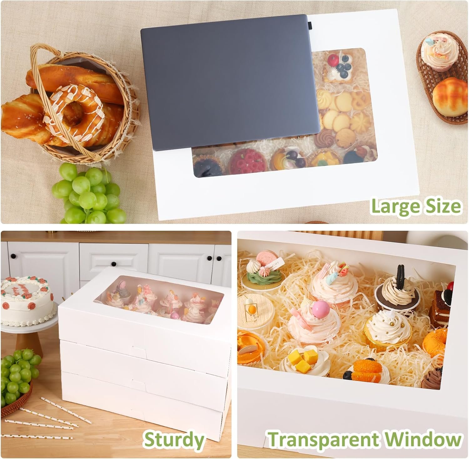 Cajas de pastel media con ventana, 10pcs 19x14x4in, para empacado de dulces como galletas, pasteles, donas y cupcakes, Marca Blanca, suministradas por nuestro Fabricante.