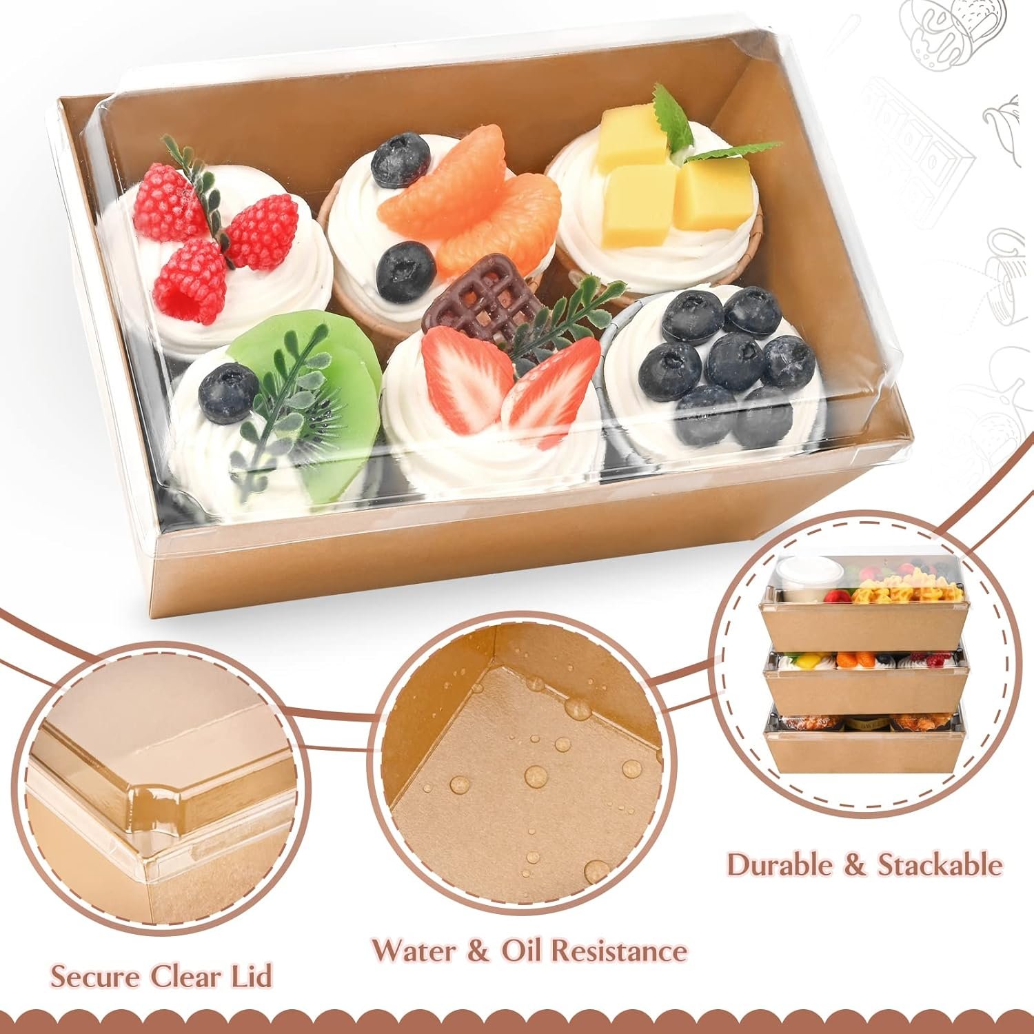 Cajas de charcutería de papel desechables de 8 x 6 pulgadas con tapa transparente, 20 unidades, para personalizar con logo, ideales para pasteles, cupcakes, sándwiches y bombas de cacao, proveedor confiable.